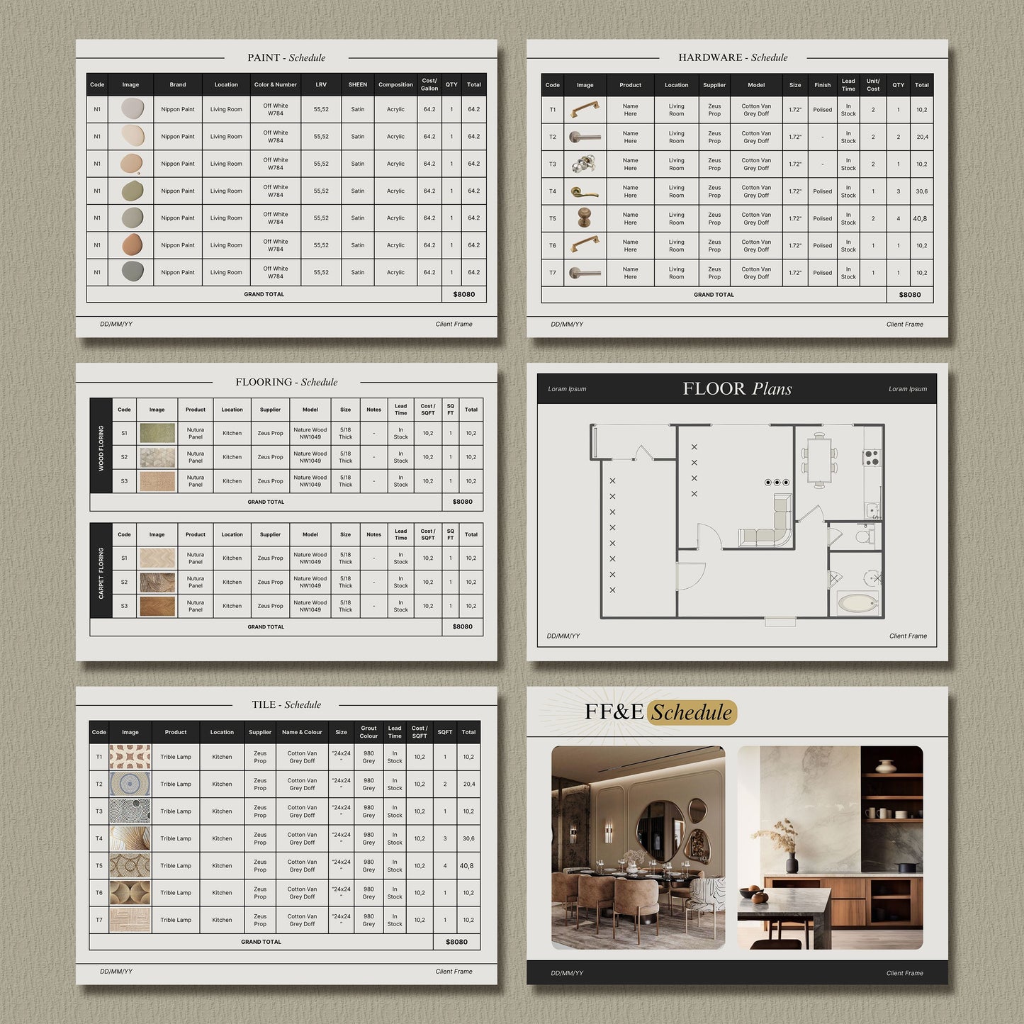 Interior Design FF&E Schedule Template – Furniture, Fixtures, and Finishes Planner with Mood Board