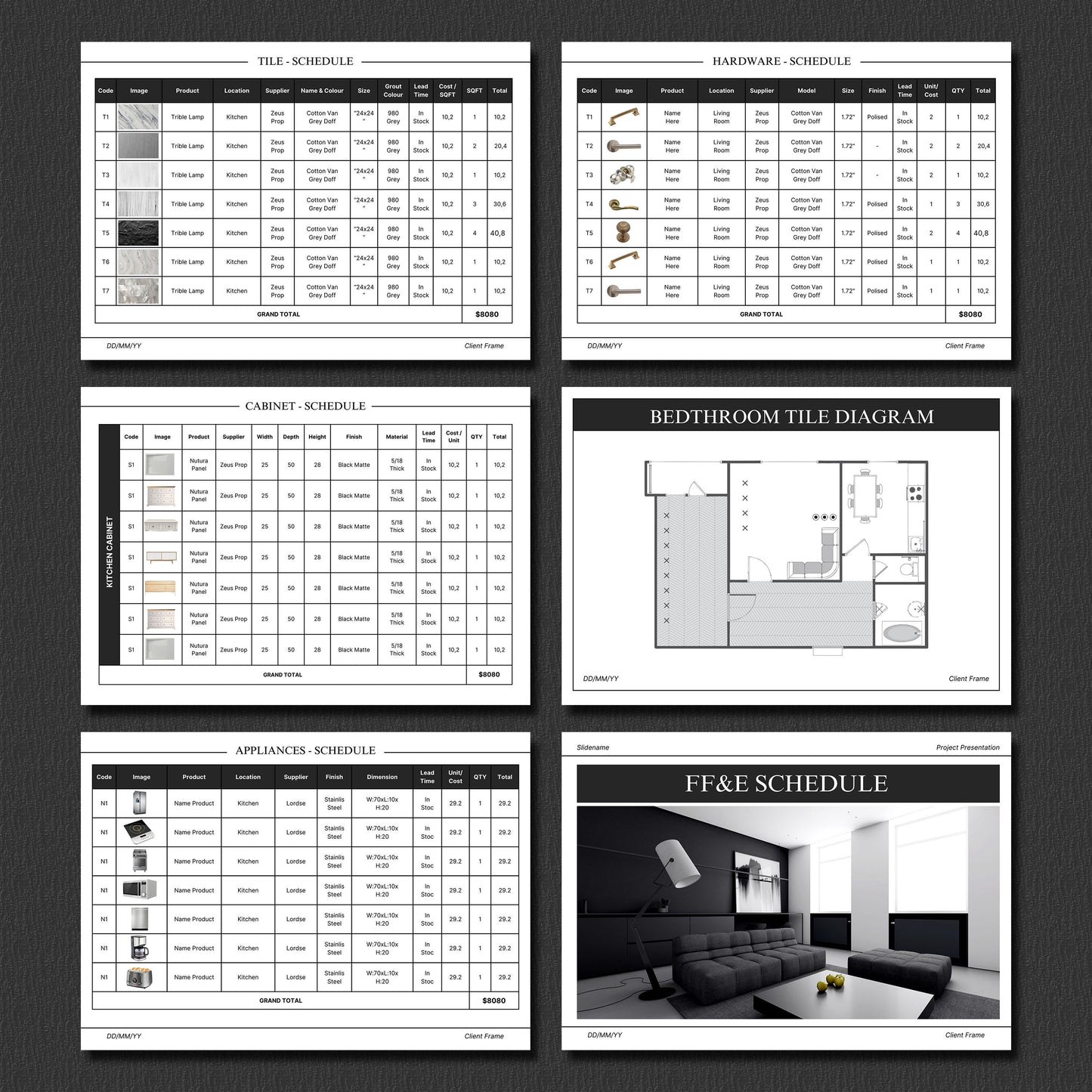 FF&E Schedule Template – Furniture, Fixtures, and Finishes Planner with Mood Board for Interior Design Projects