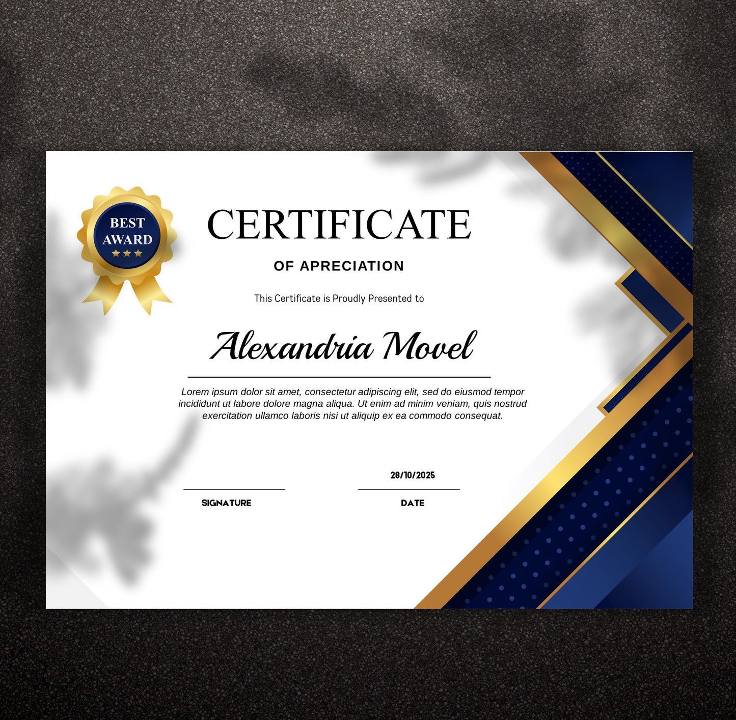 Luxury Blue and Gold Certificate Template - Editable Modern Canva Design for Achievement, Award, Completion & Training