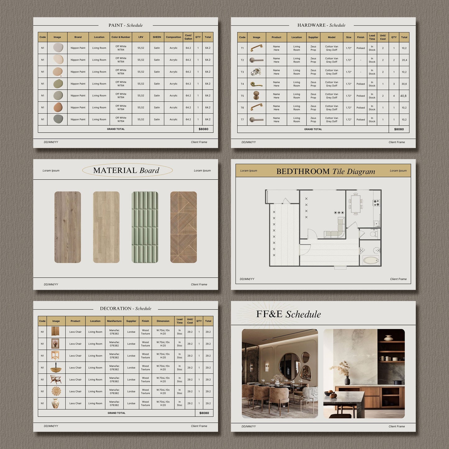 Comprehensive FF&E Schedule Template - Furniture, Fixtures, Finishes & Mood Board for Interior Design Projects