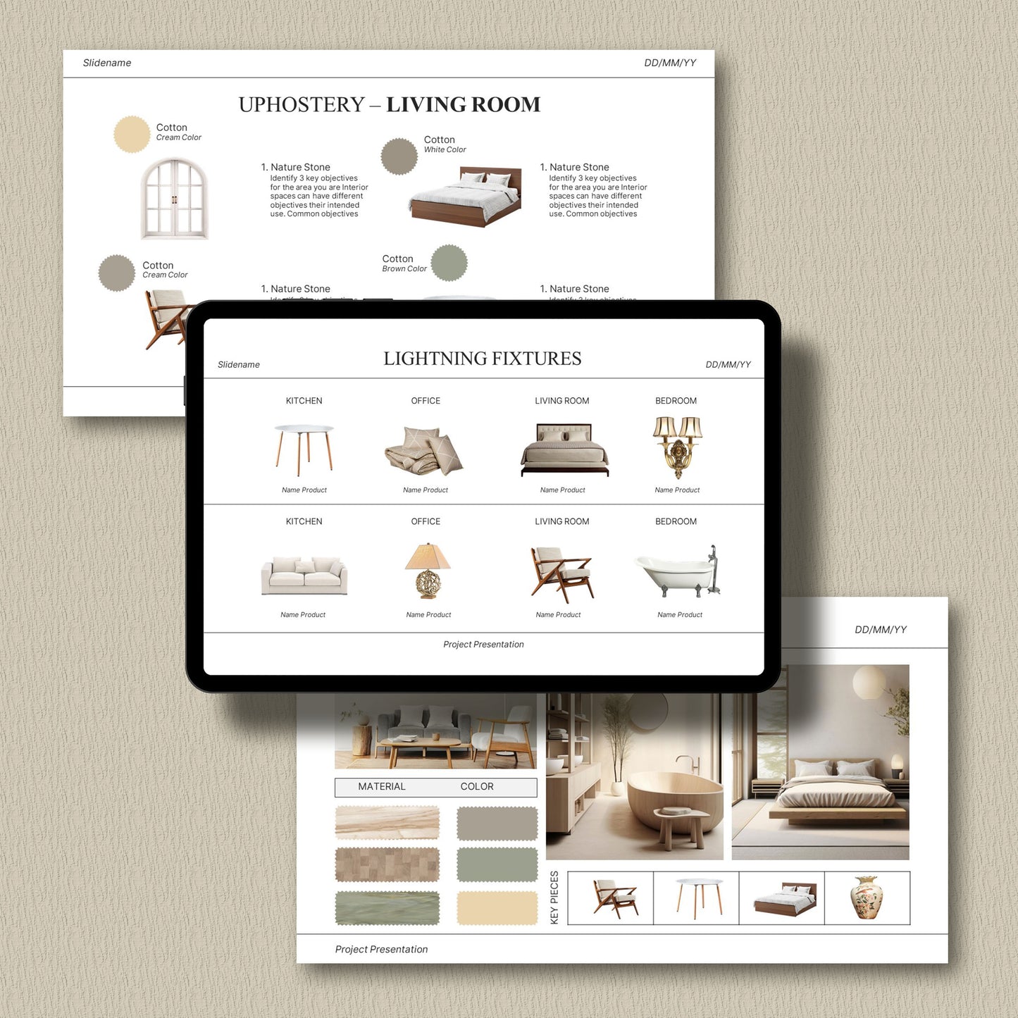 White Interior Design Presentation Template for Client Projects – Includes Moodboard, Schedule, and FF&E – Editable in Canva & PowerPoint