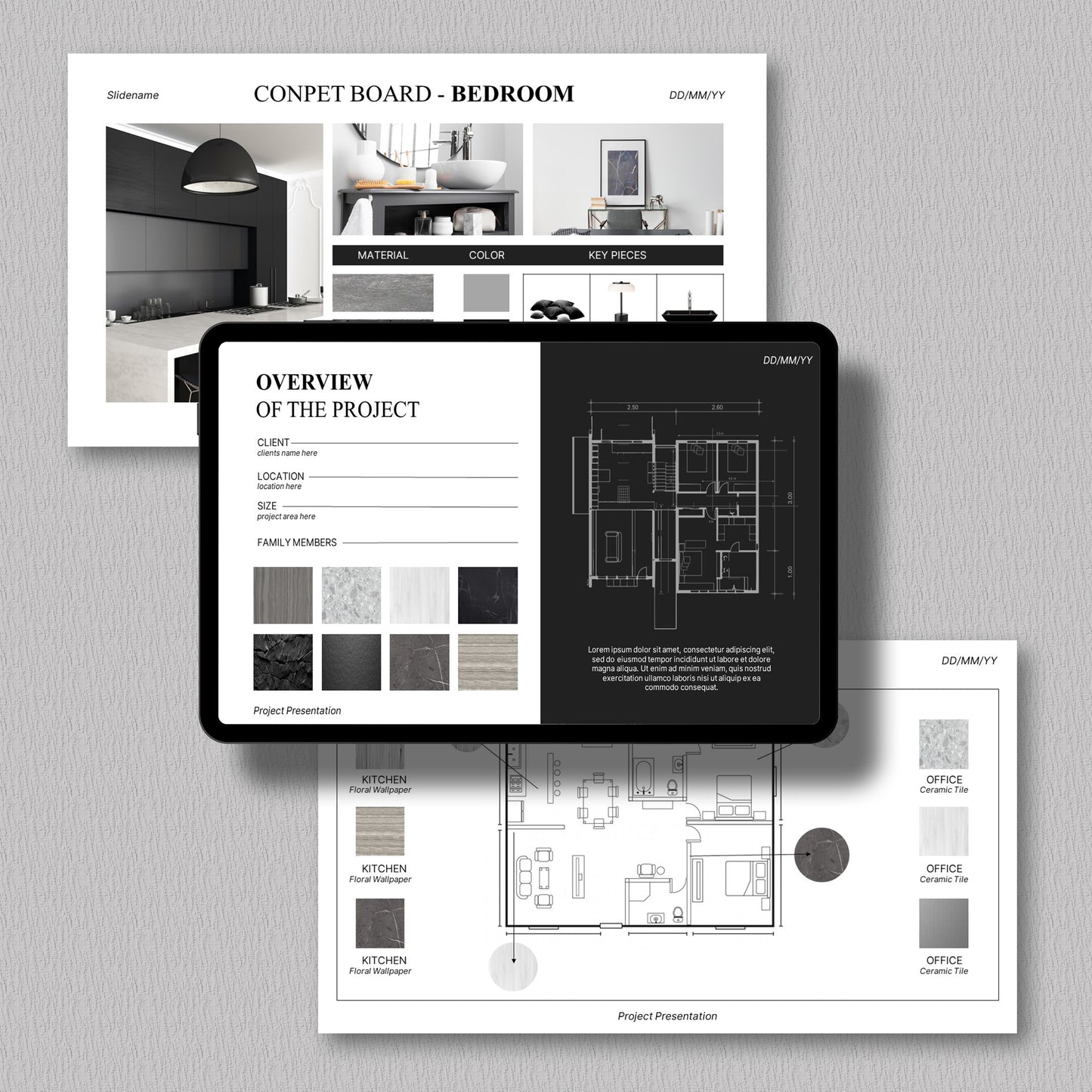 Bundle Clean Interior Design Presentation Template – Includes Project Proposal, FF&E Schedule, Editable in PowerPoint & Canva