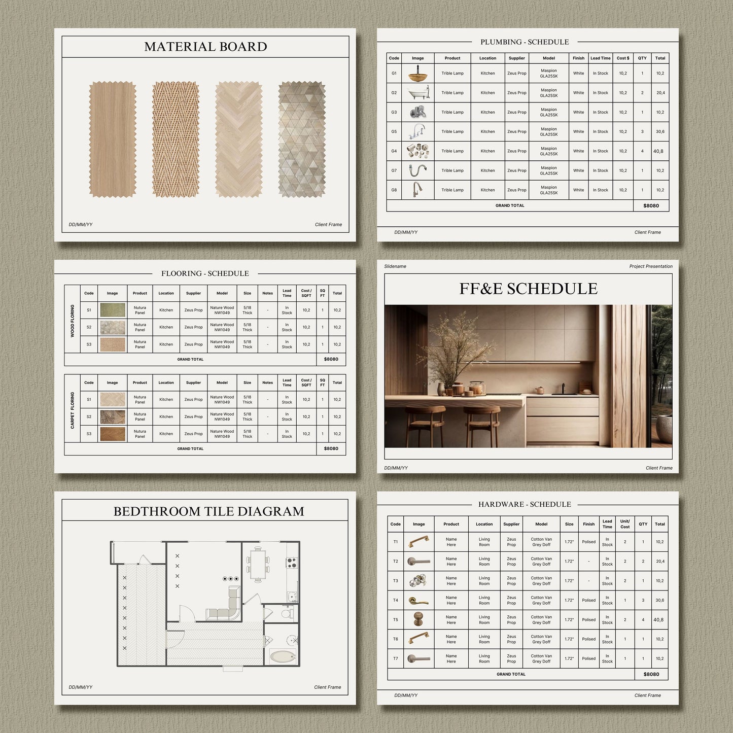 Clean Comprehensive Interior Design FF&E Schedule Template - Furniture, Fixtures, Finishes & Mood Board for Design Projects