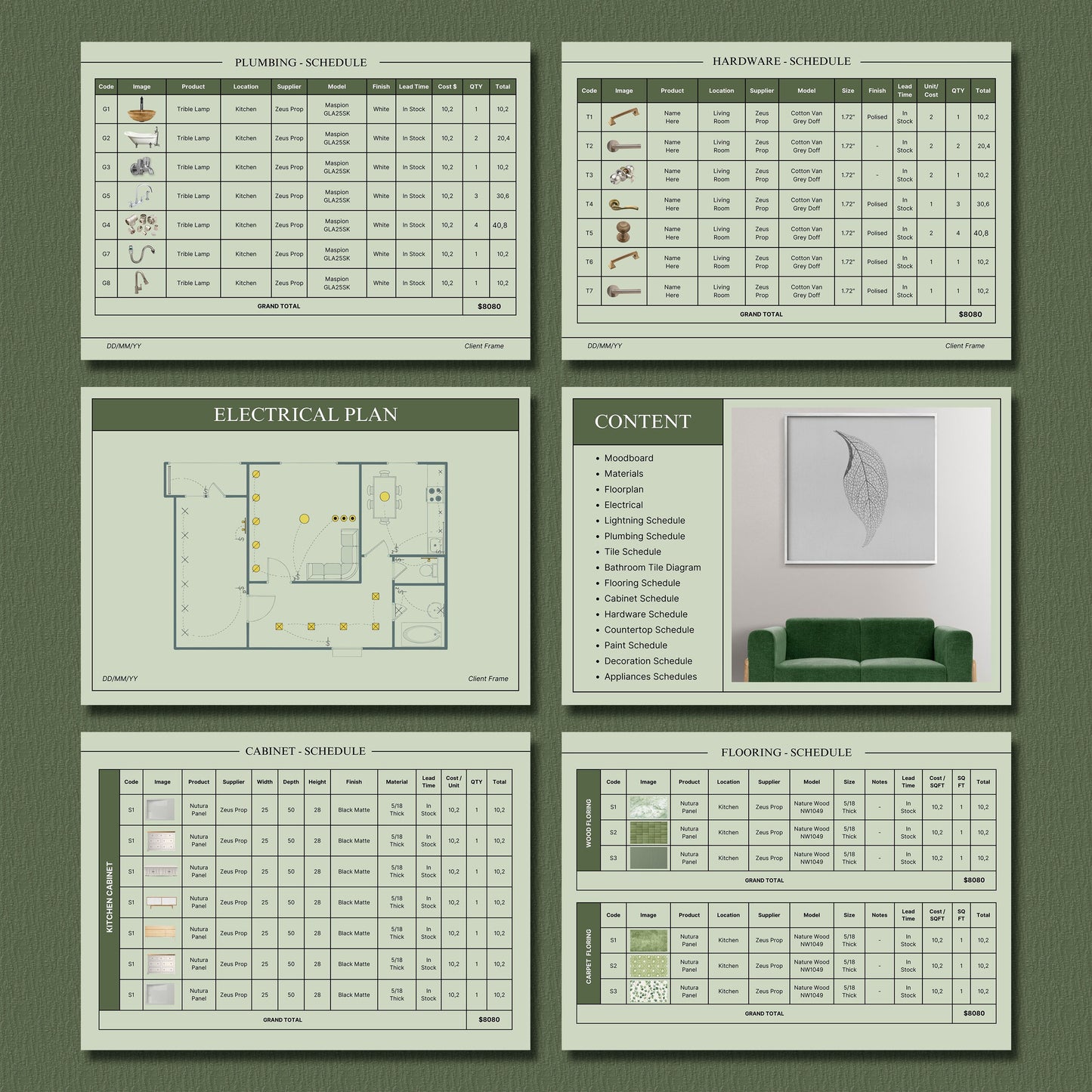 Interior Design FF&E Schedule Sage Template – Furniture, Fixtures, and Finishes Planner with Mood Board