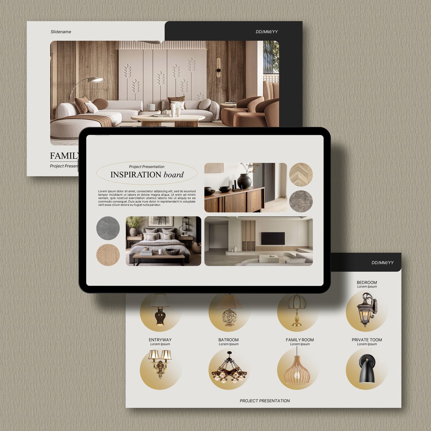 Simple Editable Interior Design Presentation Template for Canva & PowerPoint - Client Project with Moodboard, Schedule, and FF&E