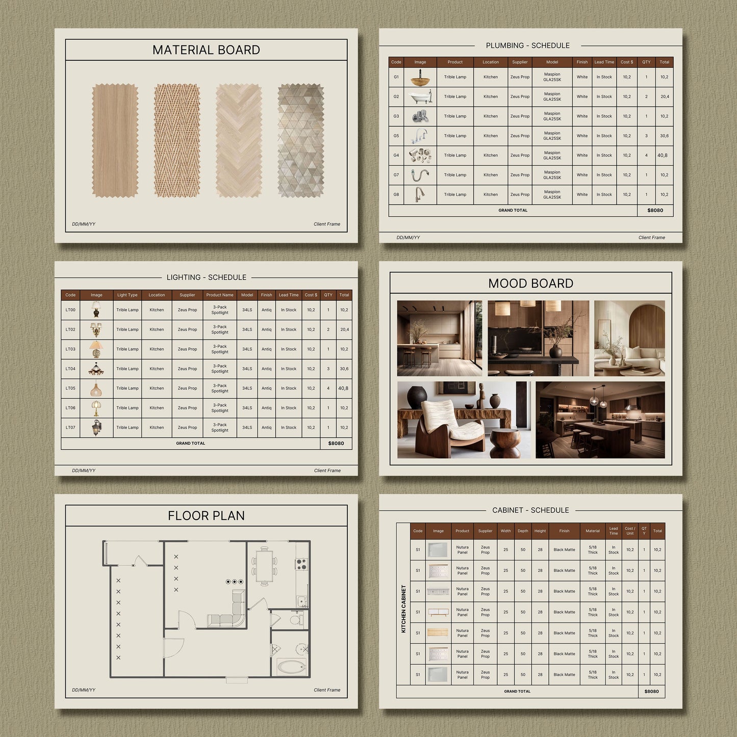 Comprehensive Interior Design FF&E Schedule Template - Furniture, Fixtures, Finishes & Mood Board for Design Projects