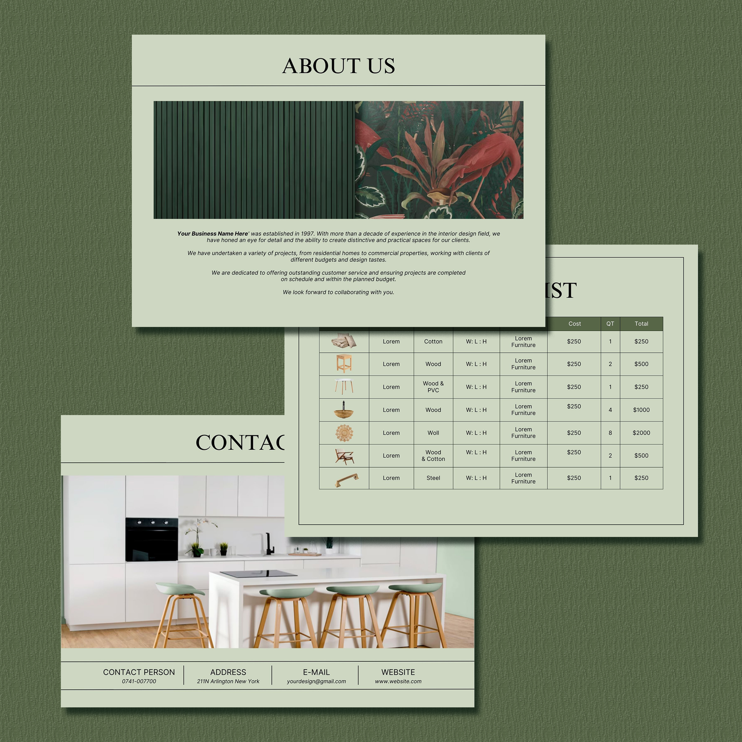 Sage Theme Interior Design Proposal Template for Canva - Editable Client Project Presentation