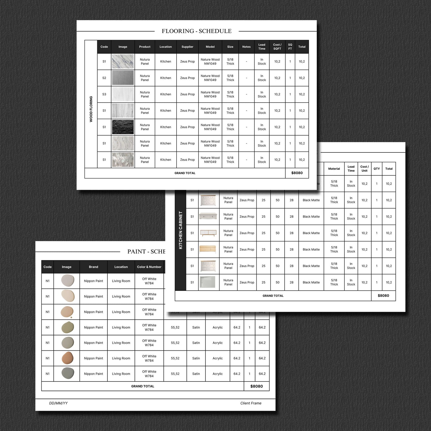 FF&E Schedule Template – Furniture, Fixtures, and Finishes Planner with Mood Board for Interior Design Projects