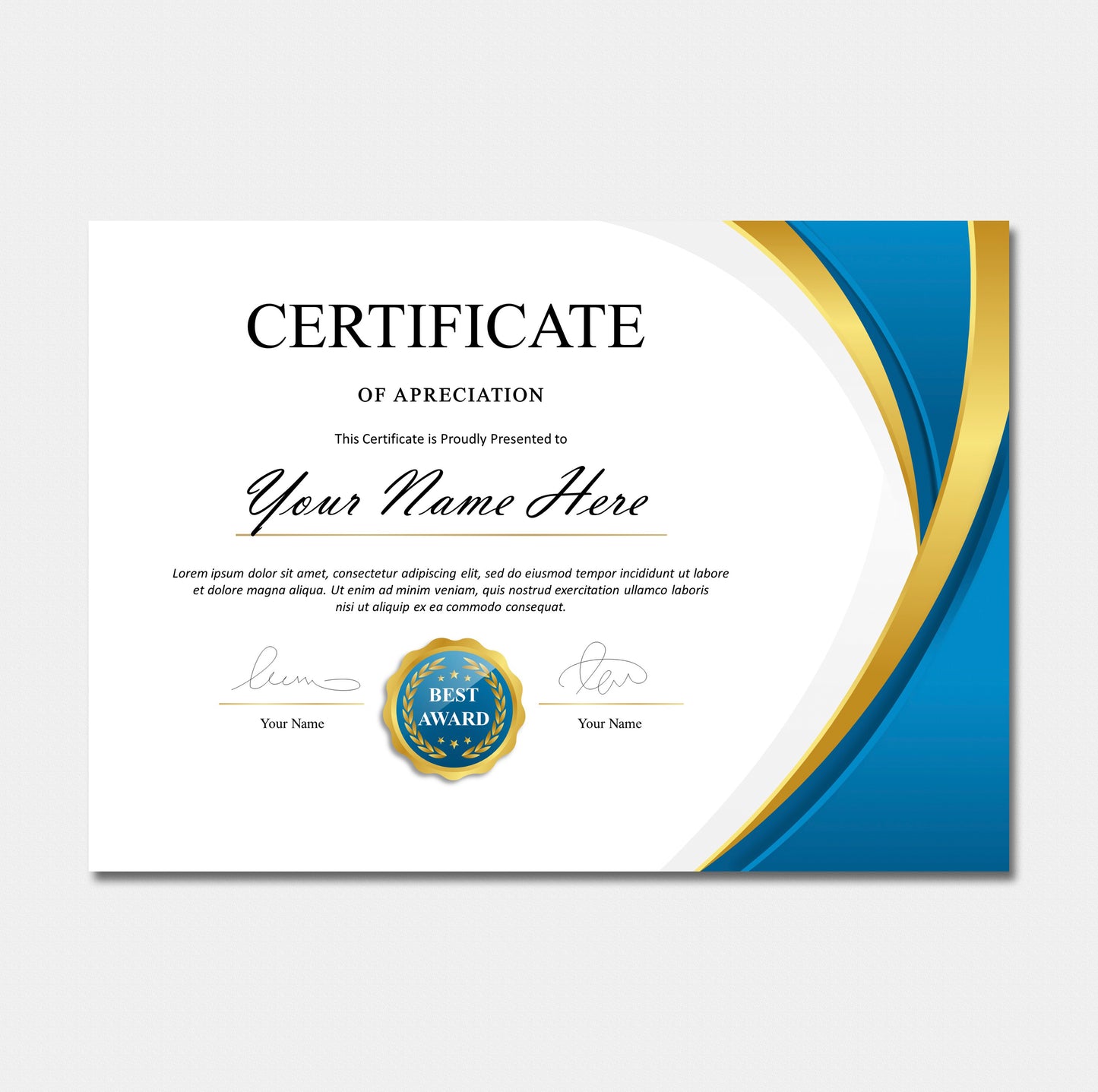 Luxury Blue and Gold Certificate Template - Editable Modern Canva Design for Achievement, Award, Completion & Training