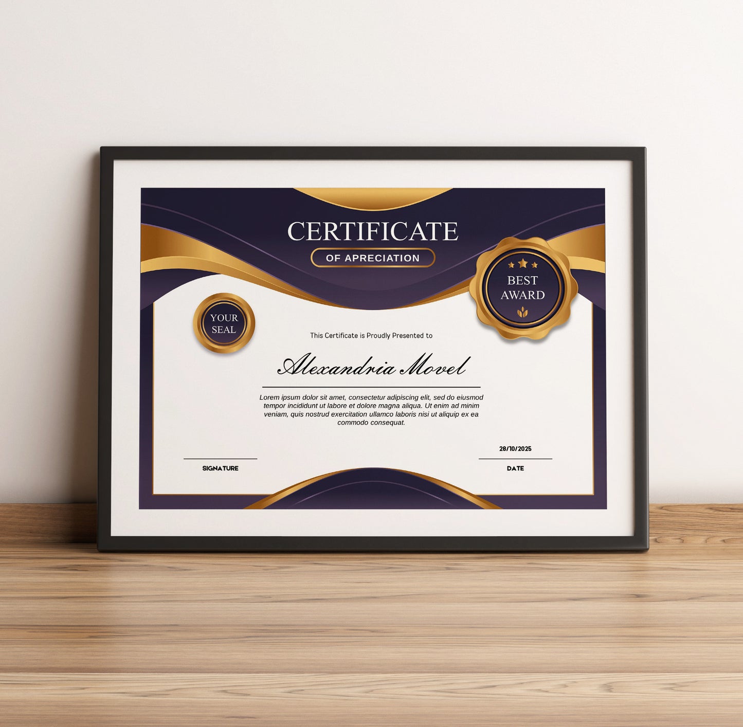 Luxury Purple and Gold Certificate Template – Editable Modern Canva Design for Achievement, Award, Completion & Training