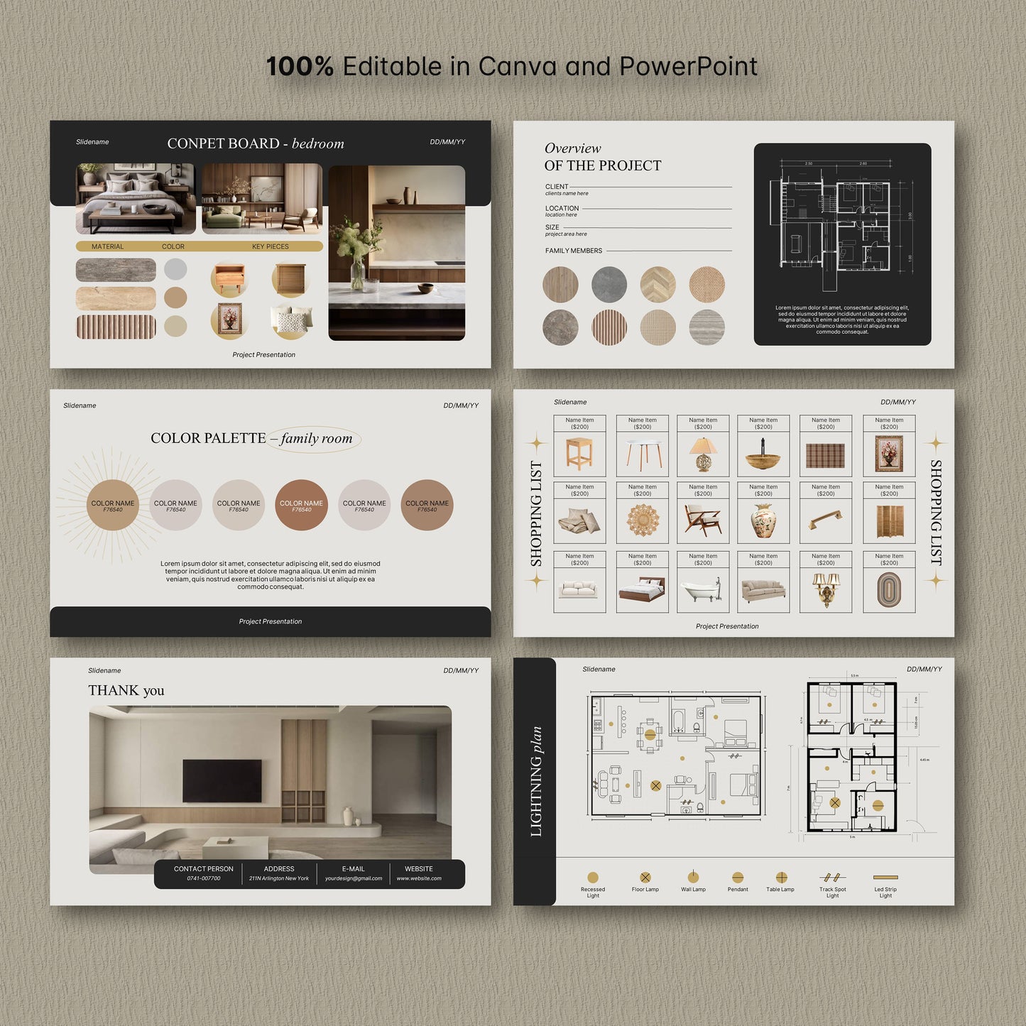 Simple Editable Interior Design Presentation Template for Canva & PowerPoint - Client Project with Moodboard, Schedule, and FF&E