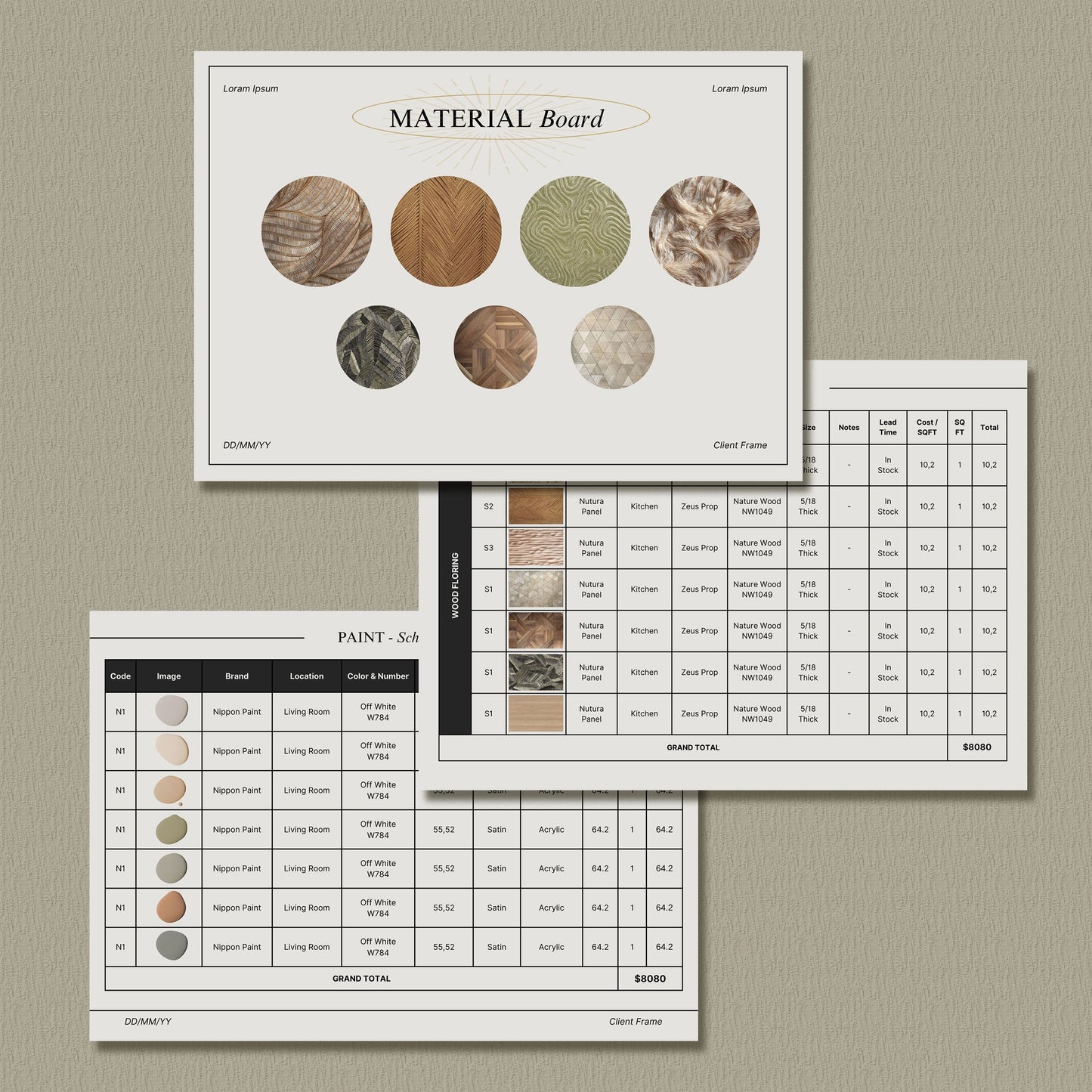 Interior Design FF&E Schedule Template – Furniture, Fixtures, and Finishes Planner with Mood Board