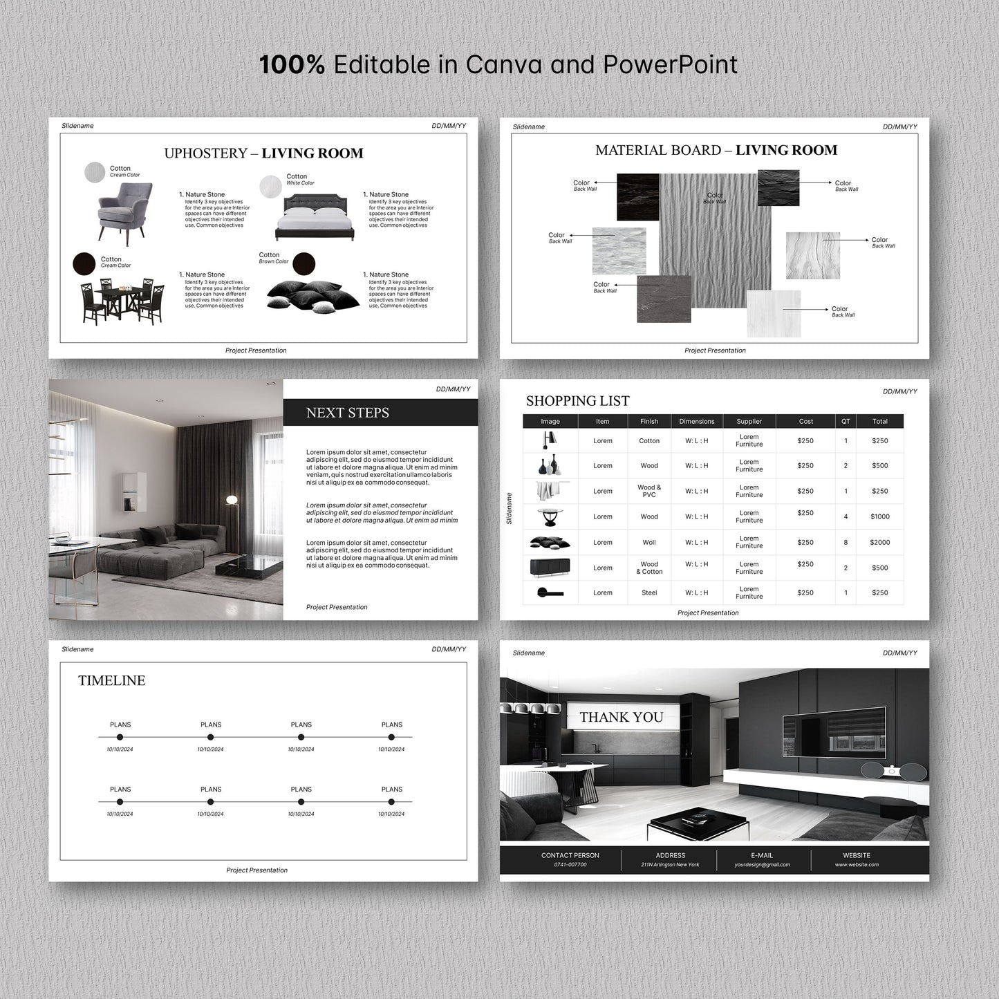 Bundle Clean Interior Design Presentation Template – Includes Project Proposal, FF&E Schedule, Editable in PowerPoint & Canva