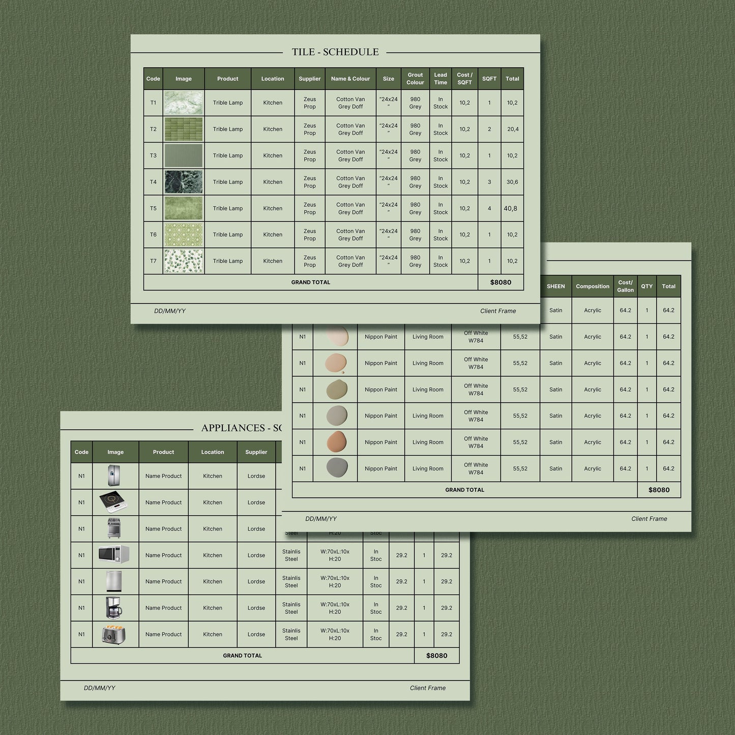 Interior Design FF&E Schedule Sage Template – Furniture, Fixtures, and Finishes Planner with Mood Board