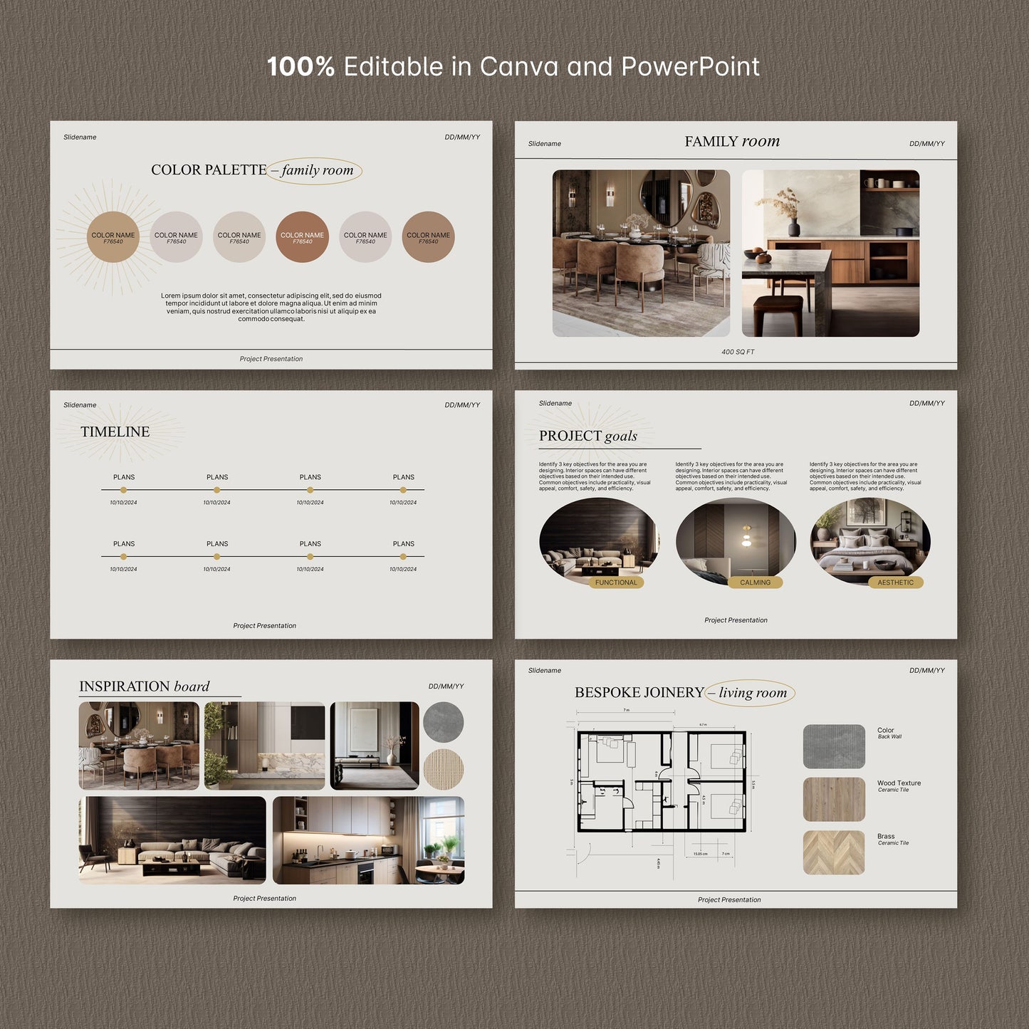 Bundle Simple Interior Design Presentation Template – Includes Project Proposal, FF&E Schedule, Editable in PowerPoint & Canva