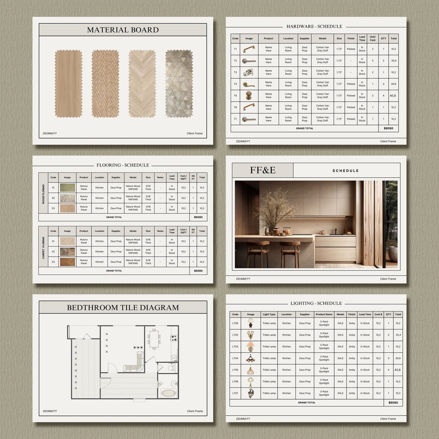 Minimal Interior Design FF&E Schedule Template – Comprehensive Furniture, Fixtures, and Finishes Planner with Mood Board