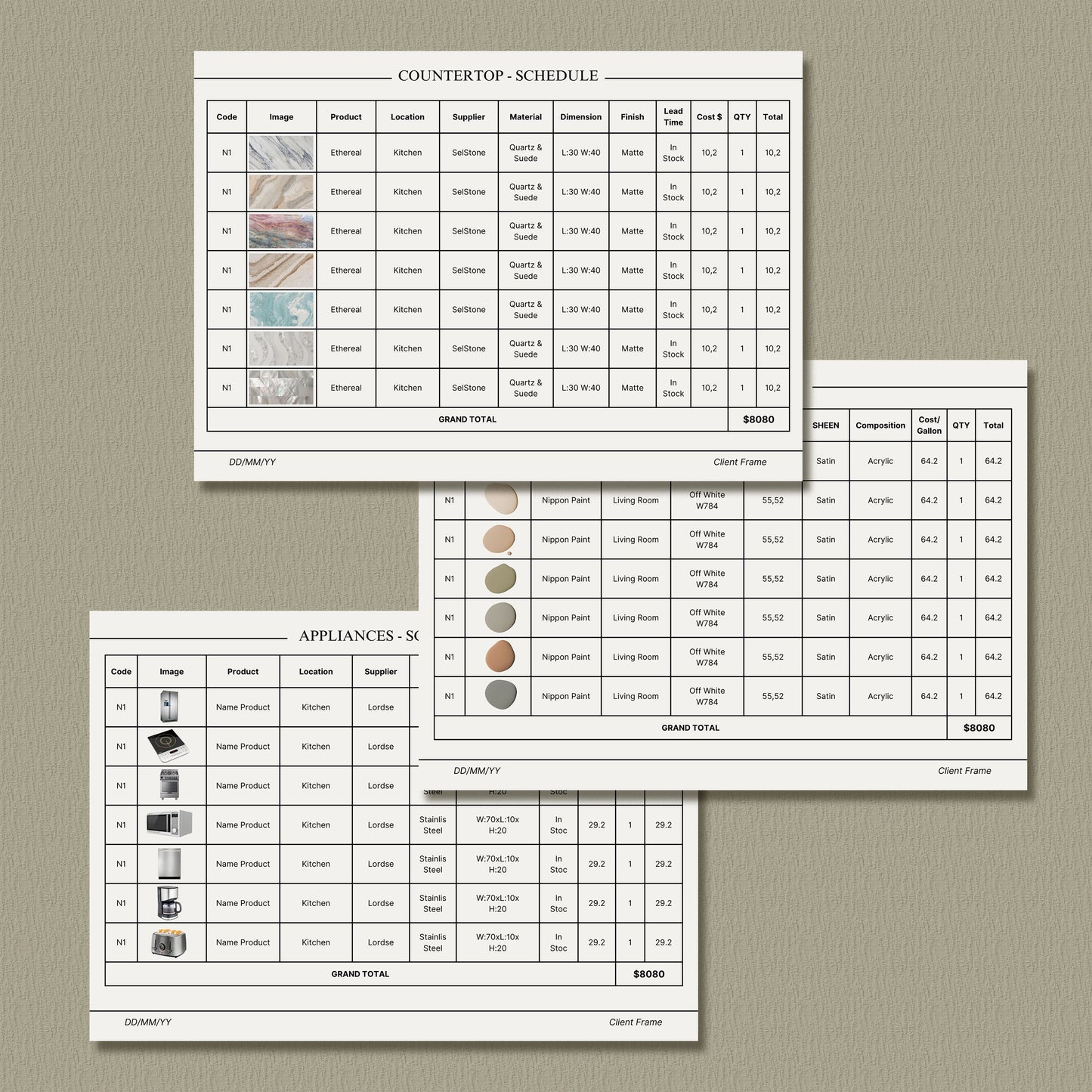 Clean Comprehensive Interior Design FF&E Schedule Template - Furniture, Fixtures, Finishes & Mood Board for Design Projects