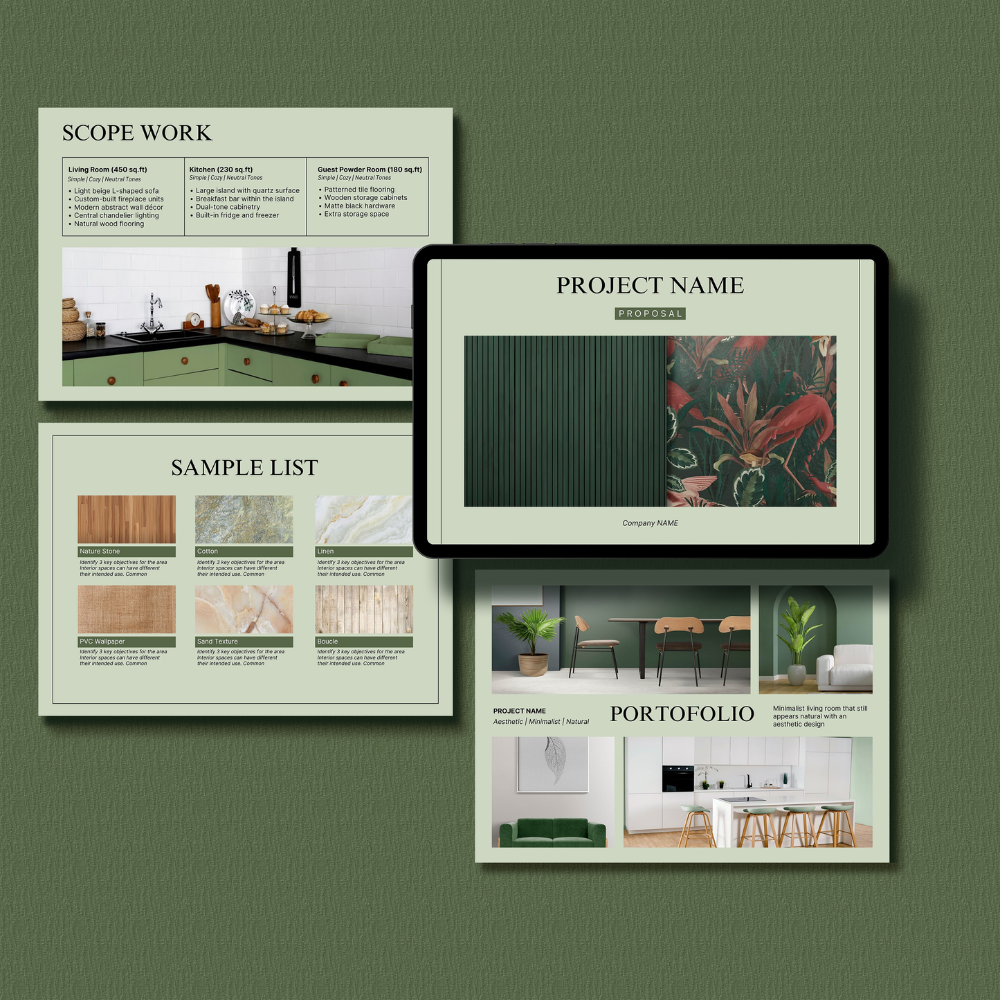 Sage Theme Interior Design Proposal Template for Canva - Editable Client Project Presentation