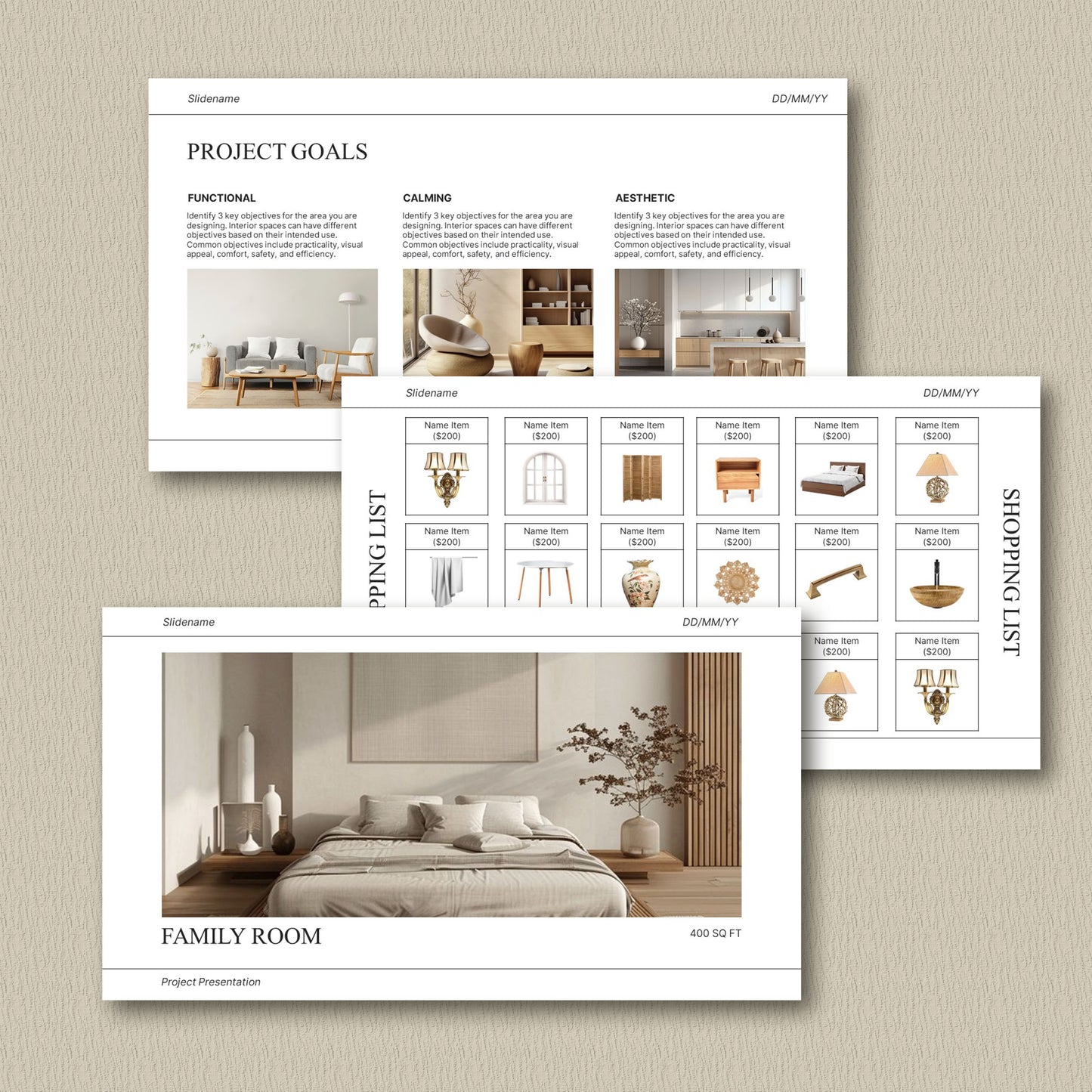 White Interior Design Presentation Template for Client Projects – Includes Moodboard, Schedule, and FF&E – Editable in Canva & PowerPoint