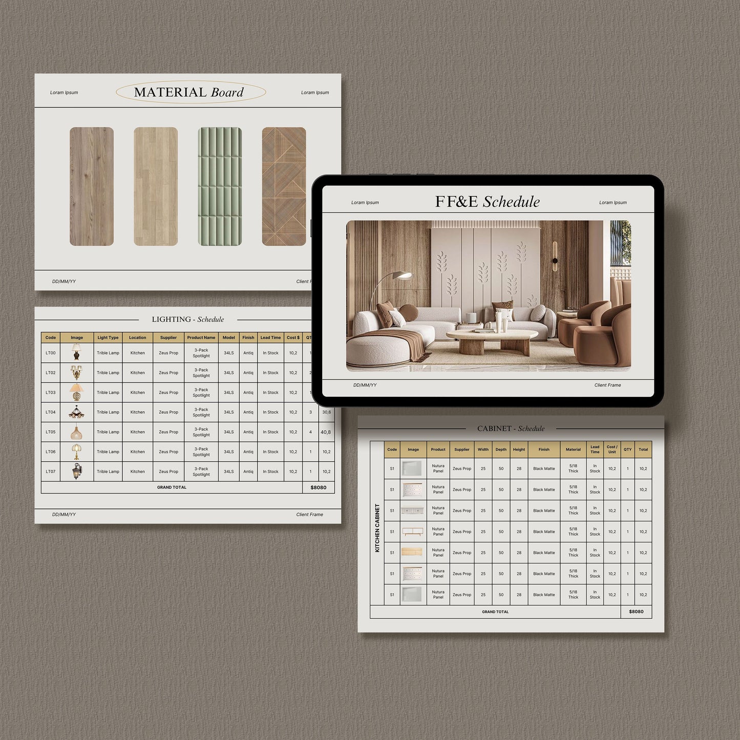 Comprehensive FF&E Schedule Template - Furniture, Fixtures, Finishes & Mood Board for Interior Design Projects