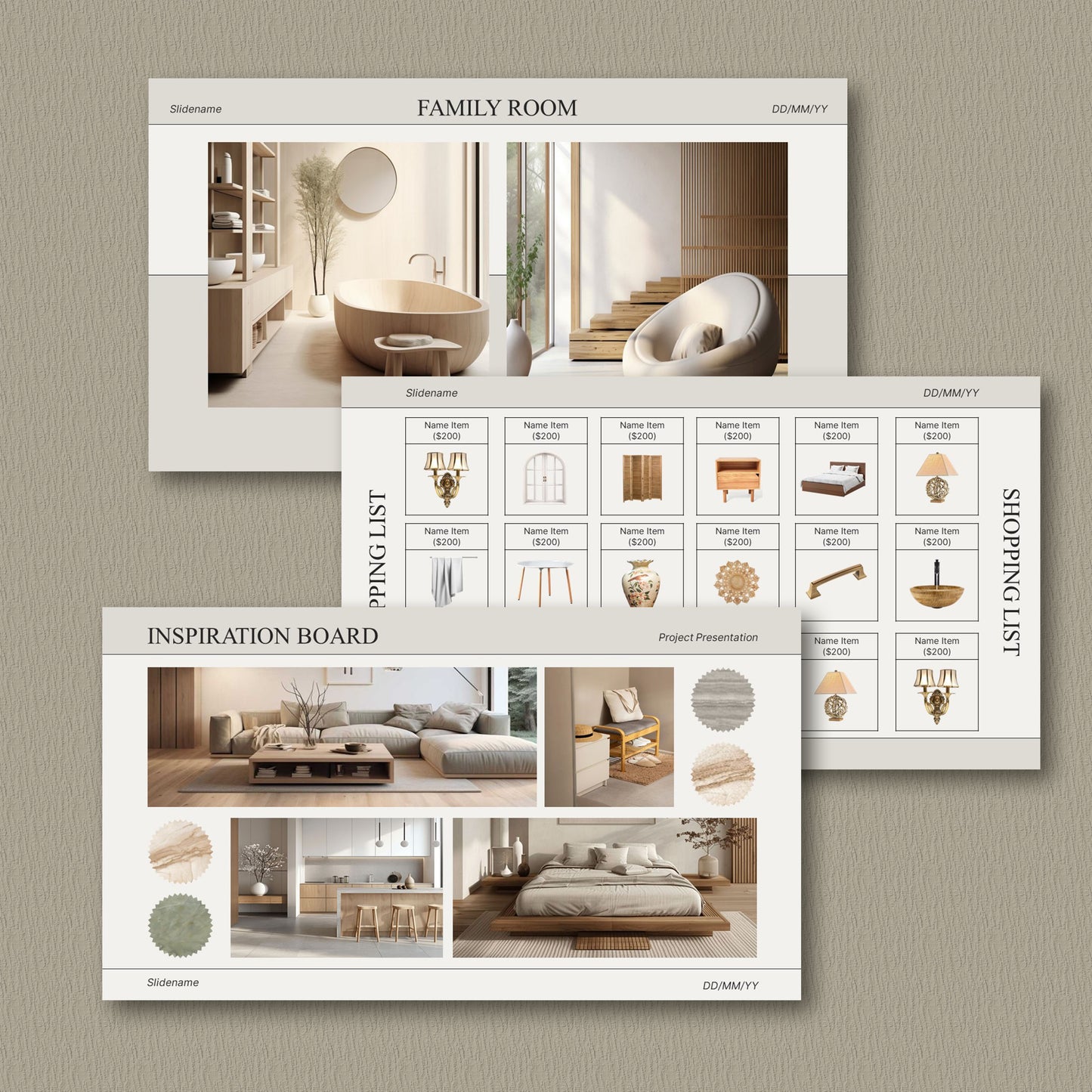 Minimal Editable Interior Design Presentation Template for Canva & PowerPoint - Client Project with Moodboard and Schedule