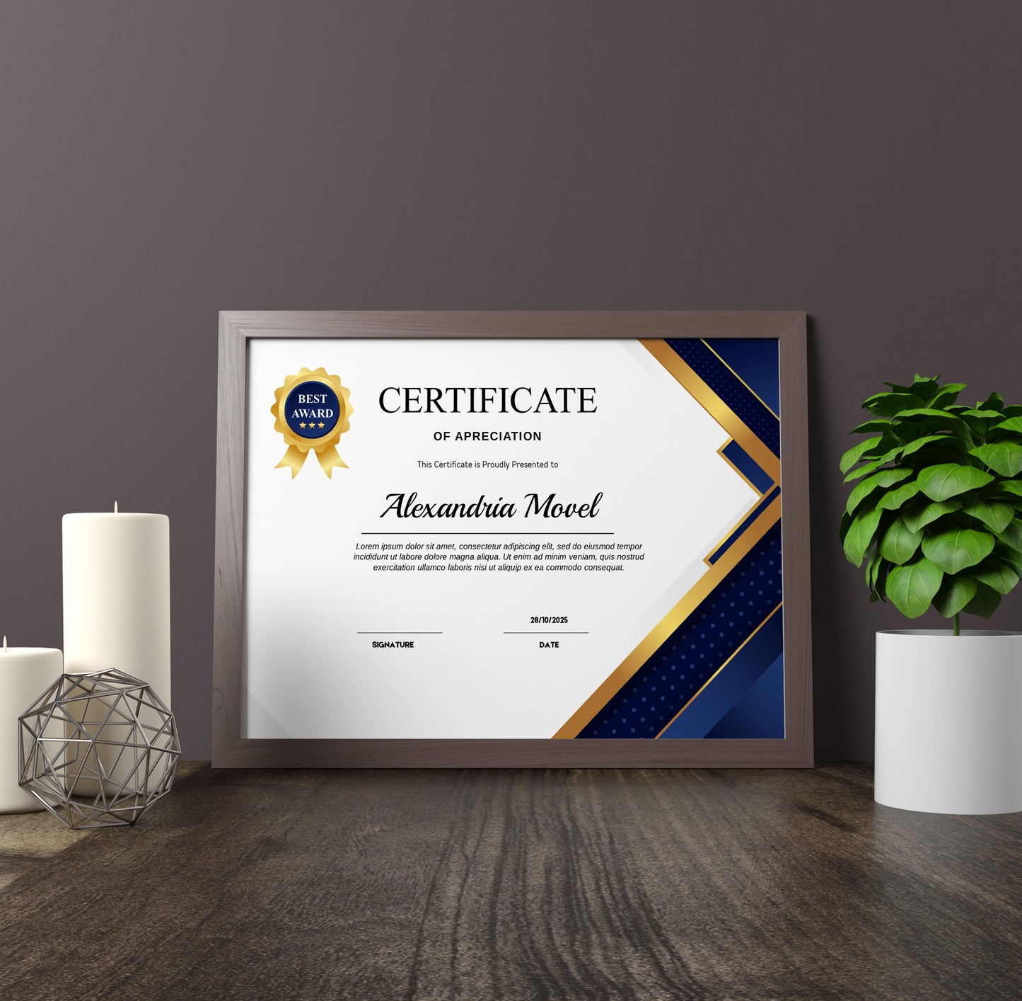 Luxury Blue and Gold Certificate Template - Editable Modern Canva Design for Achievement, Award, Completion & Training