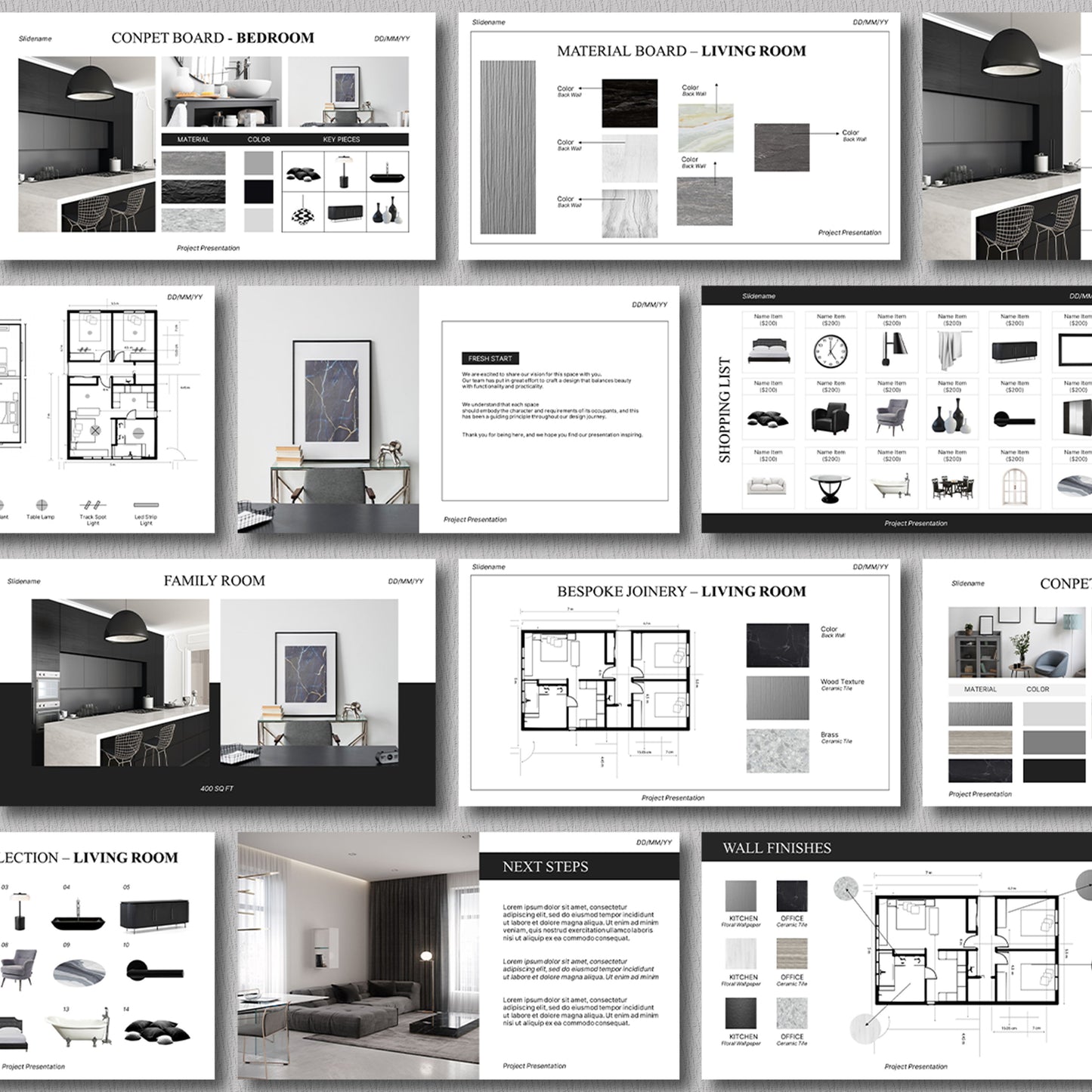 Bundle Clean Interior Design Presentation Template – Includes Project Proposal, FF&E Schedule, Editable in PowerPoint & Canva