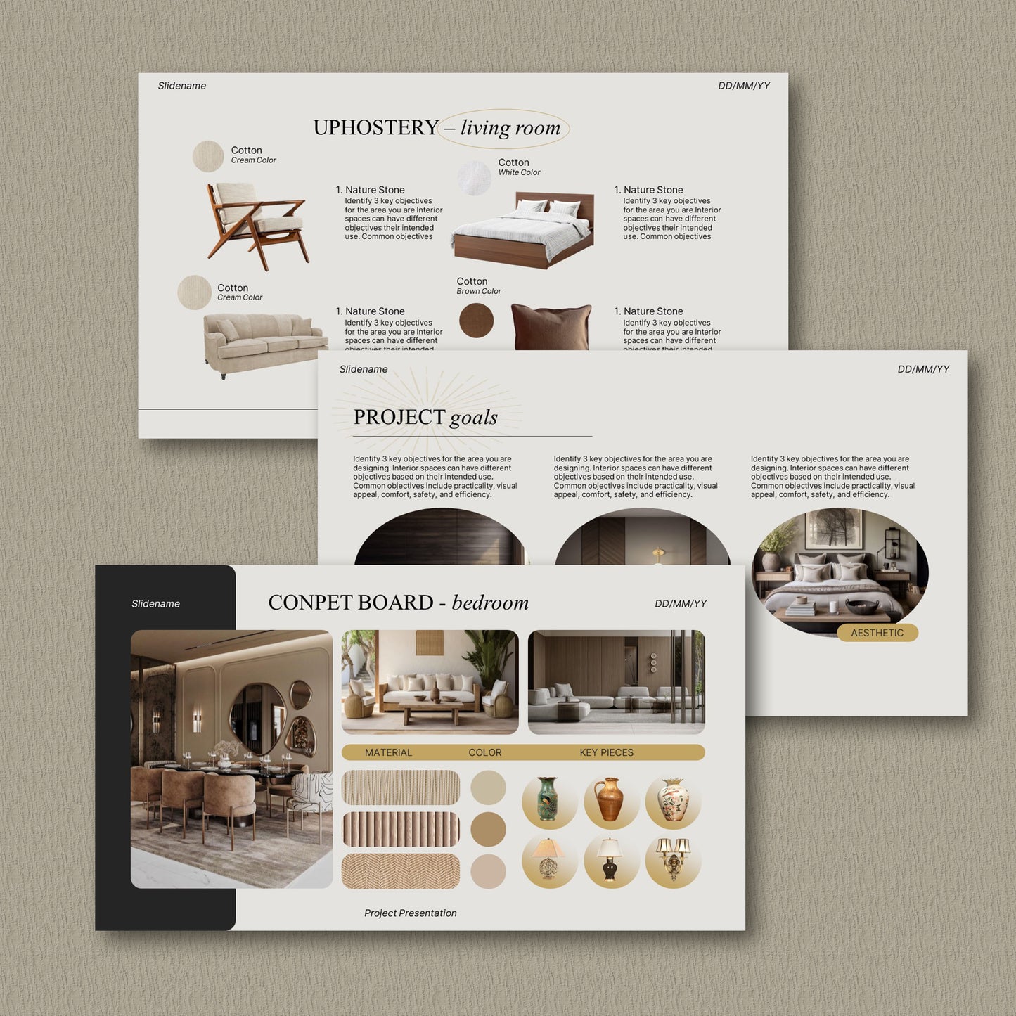 Simple Editable Interior Design Presentation Template for Canva & PowerPoint - Client Project with Moodboard, Schedule, and FF&E