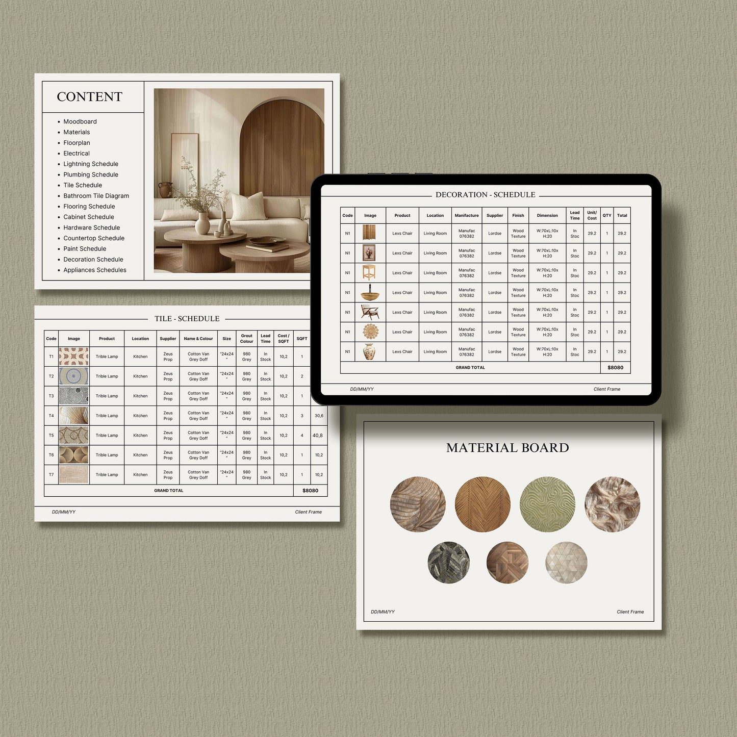 Clean Comprehensive Interior Design FF&E Schedule Template - Furniture, Fixtures, Finishes & Mood Board for Design Projects