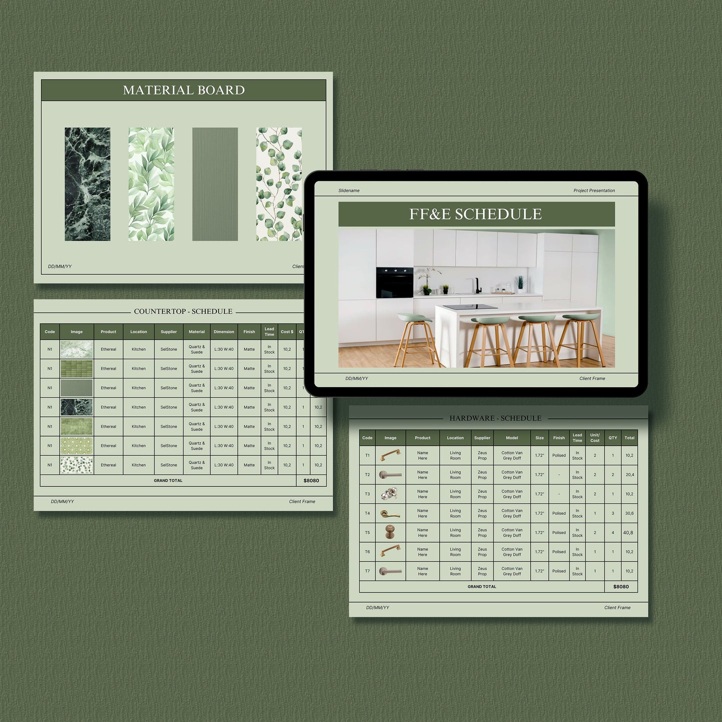 Interior Design FF&E Schedule Sage Template – Furniture, Fixtures, and Finishes Planner with Mood Board