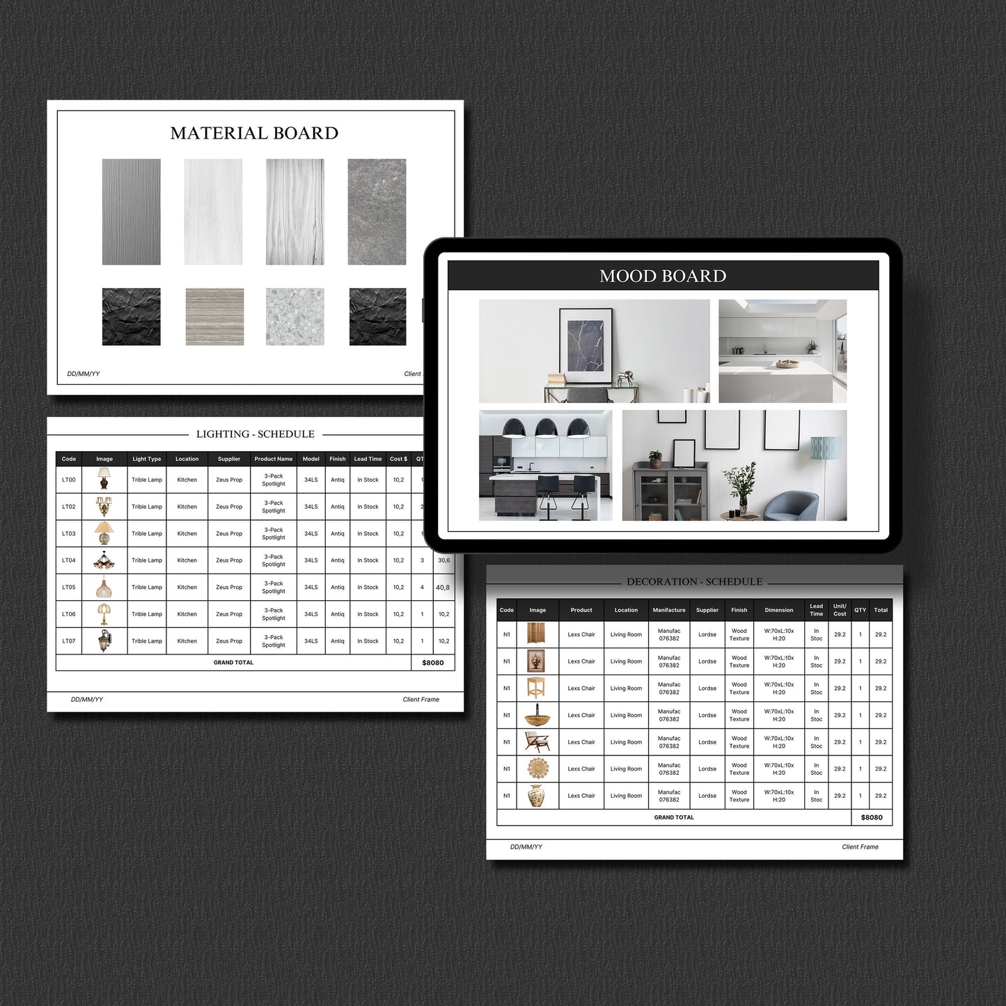 FF&E Schedule Template – Furniture, Fixtures, and Finishes Planner with Mood Board for Interior Design Projects