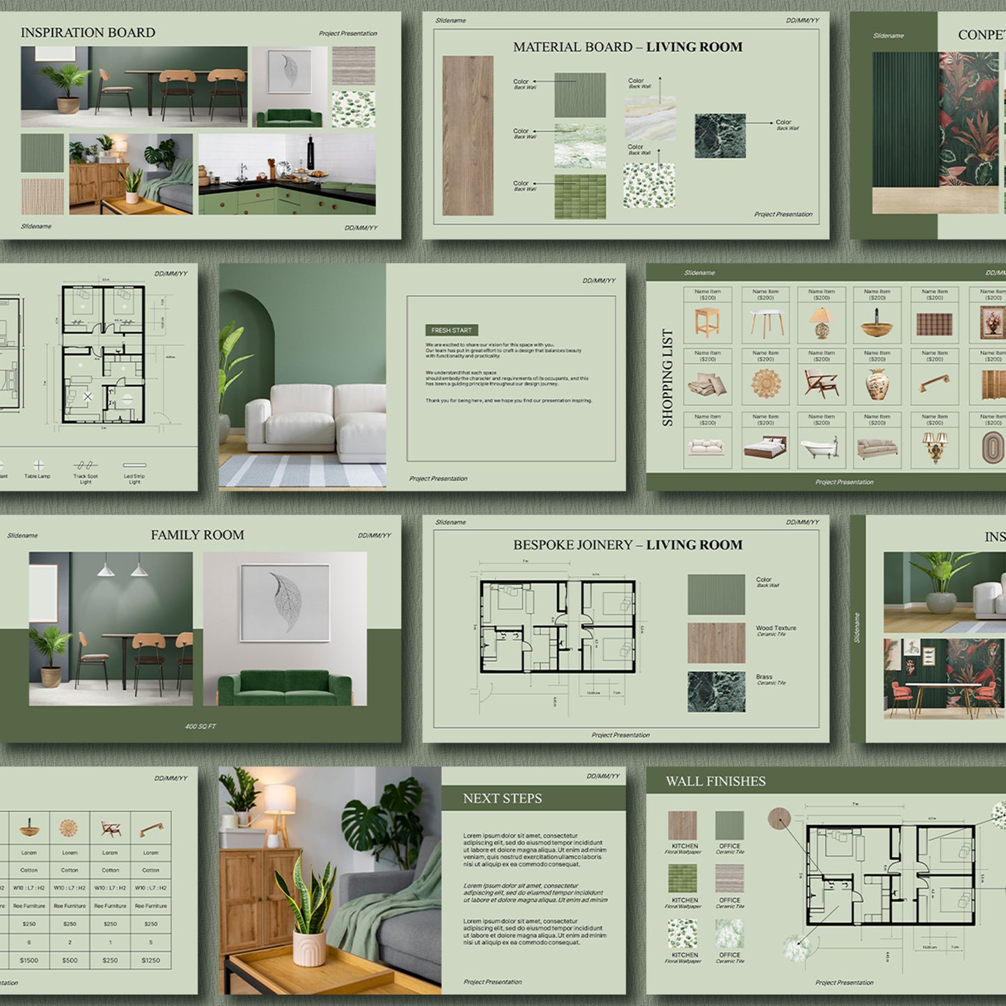 Modern Interior Design Presentation Template - Editable Canva & PowerPoint, Client Project & Moodboard Schedule