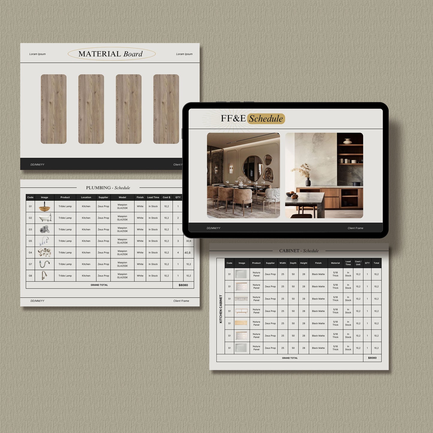 Interior Design FF&E Schedule Template – Furniture, Fixtures, and Finishes Planner with Mood Board