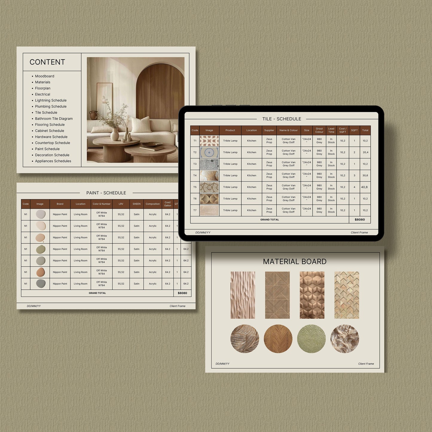 Comprehensive Interior Design FF&E Schedule Template - Furniture, Fixtures, Finishes & Mood Board for Design Projects