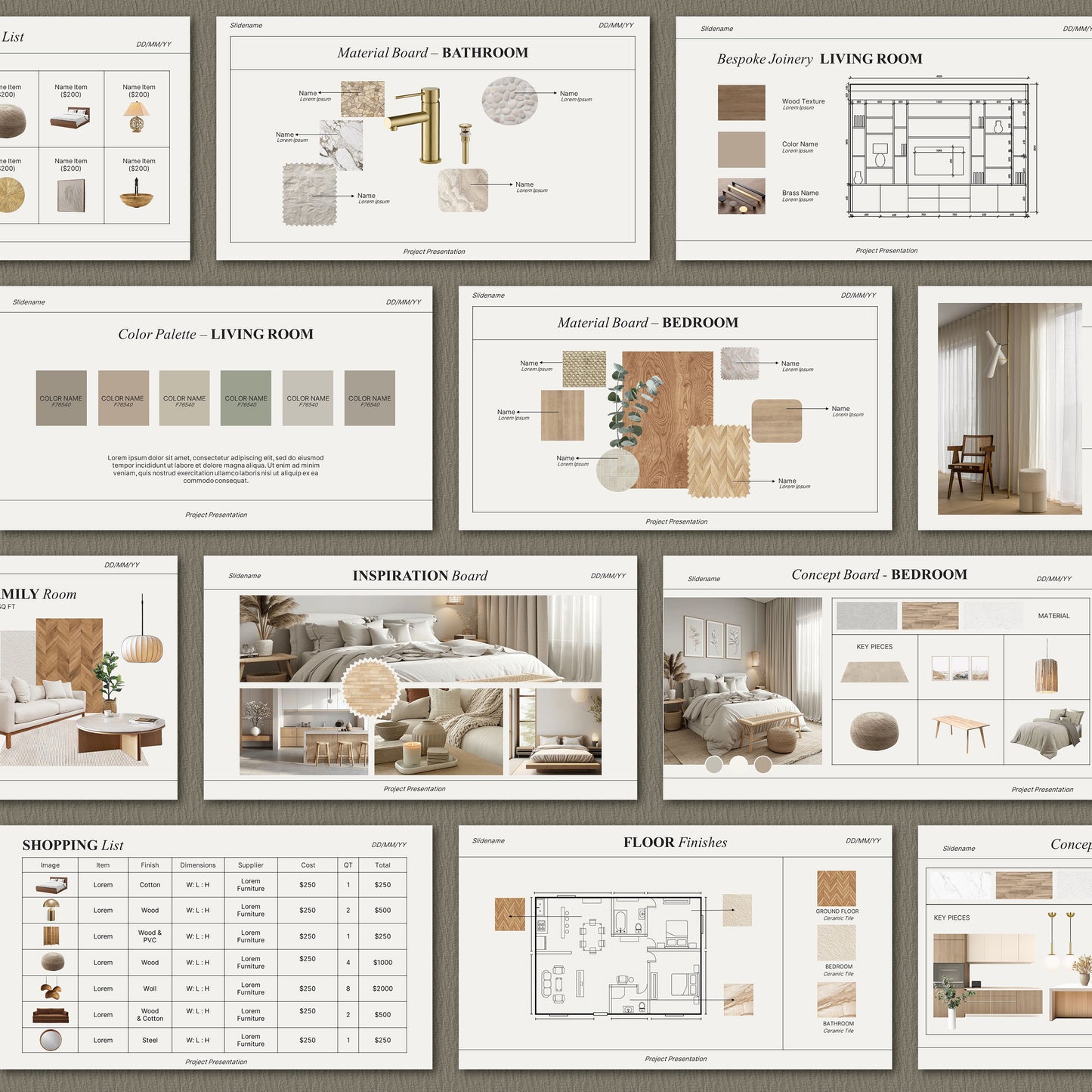 Bundle Interior Design Presentation Template – Includes Project Proposal, FF&E Schedule, Editable in PowerPoint & Canva