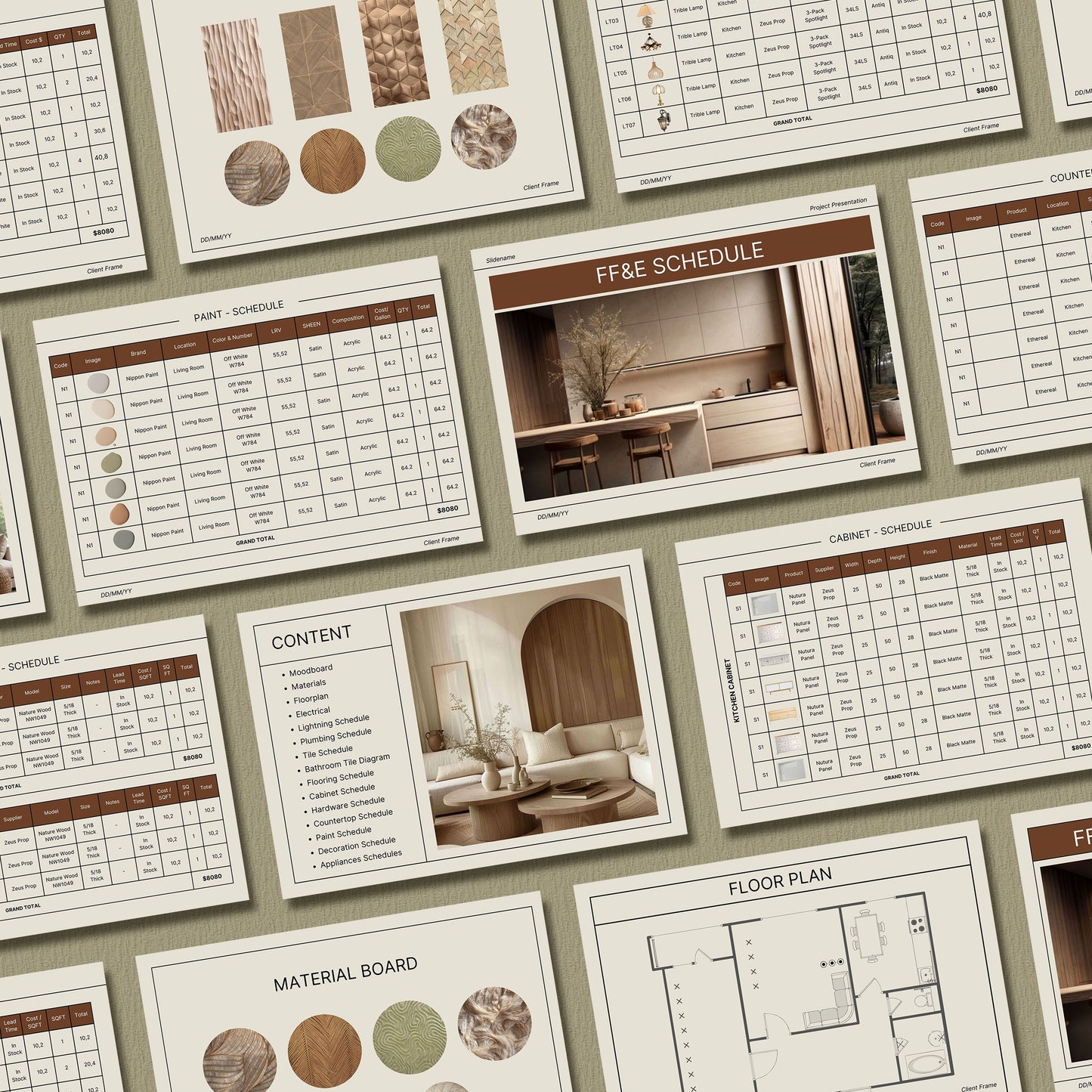 Comprehensive Interior Design FF&E Schedule Template - Furniture, Fixtures, Finishes & Mood Board for Design Projects