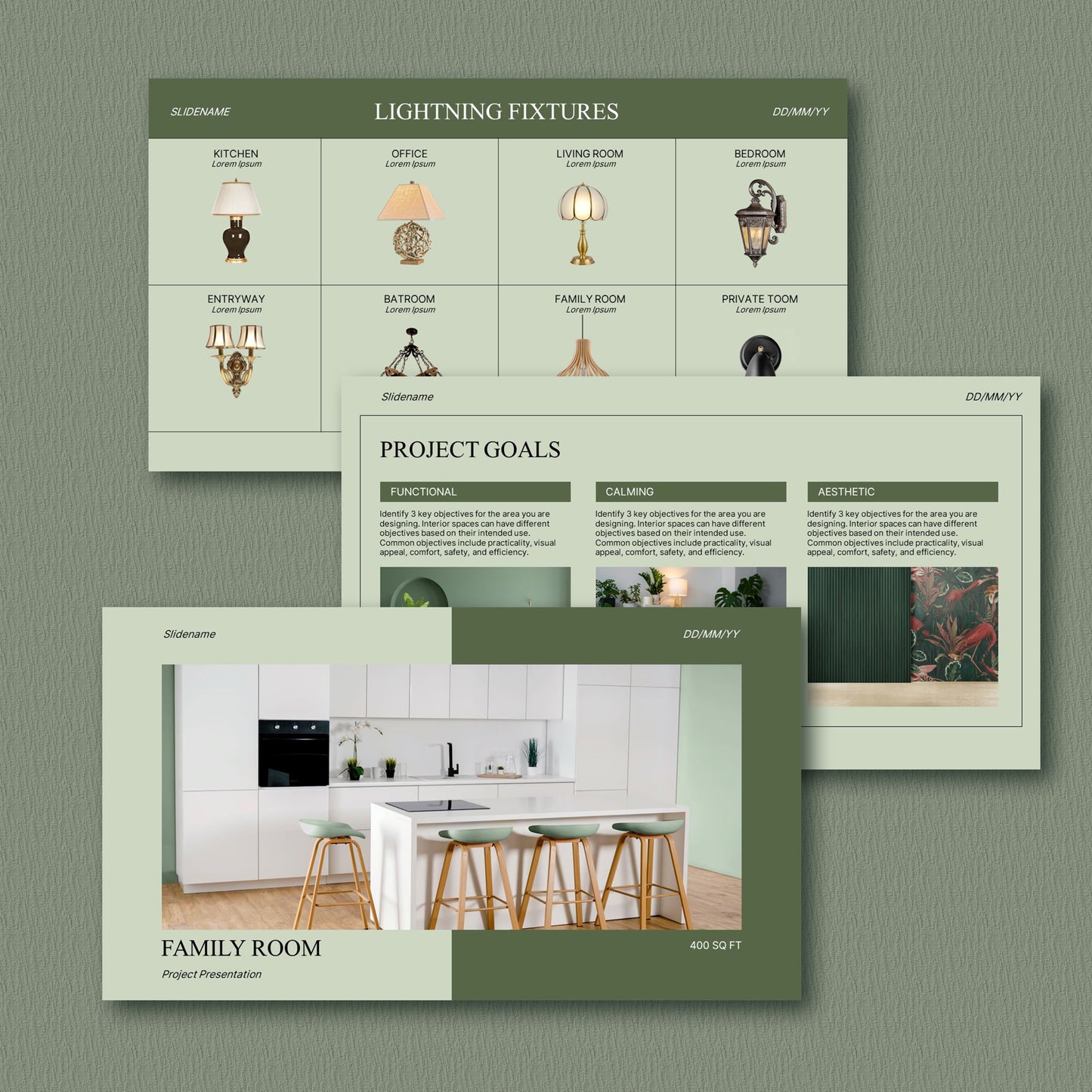 Bundle Sage Interior Design Presentation Template – Includes Project Proposal, FF&E Schedule, Editable in PowerPoint & Canva