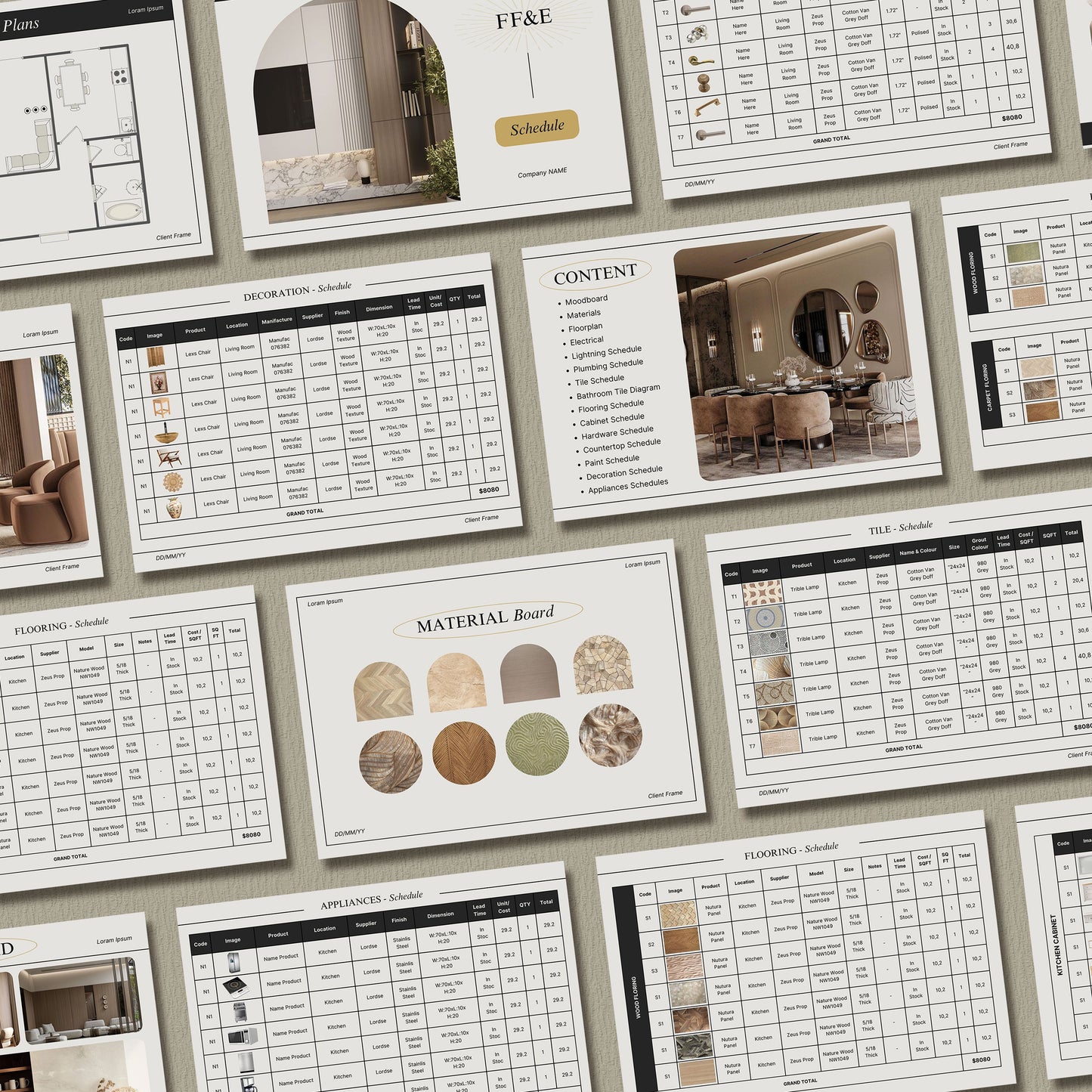 Interior Design FF&E Schedule Template – Furniture, Fixtures, and Finishes Planner with Mood Board