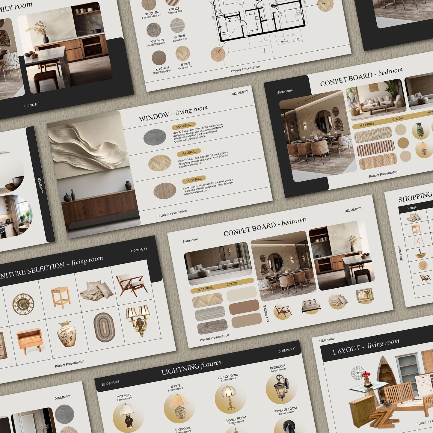 Simple Editable Interior Design Presentation Template for Canva & PowerPoint - Client Project with Moodboard, Schedule, and FF&E