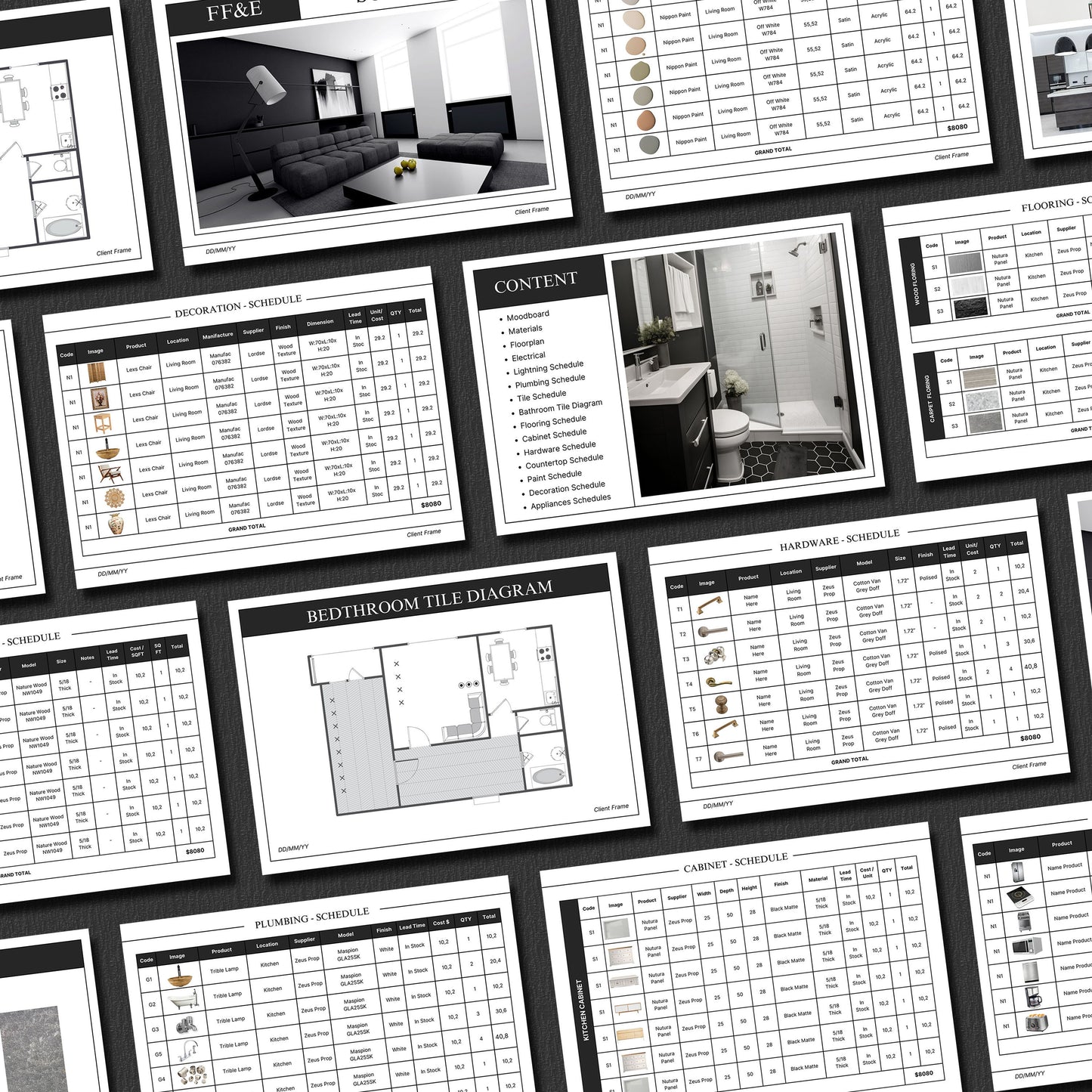 FF&E Schedule Template – Furniture, Fixtures, and Finishes Planner with Mood Board for Interior Design Projects