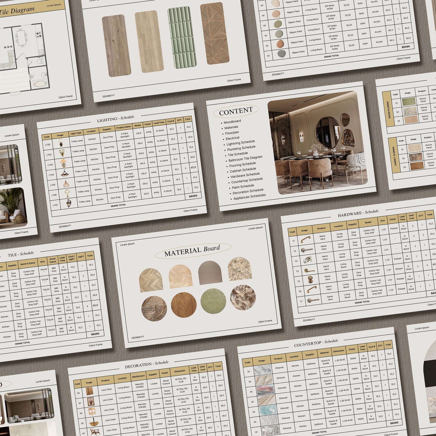 Comprehensive FF&E Schedule Template - Furniture, Fixtures, Finishes & Mood Board for Interior Design Projects