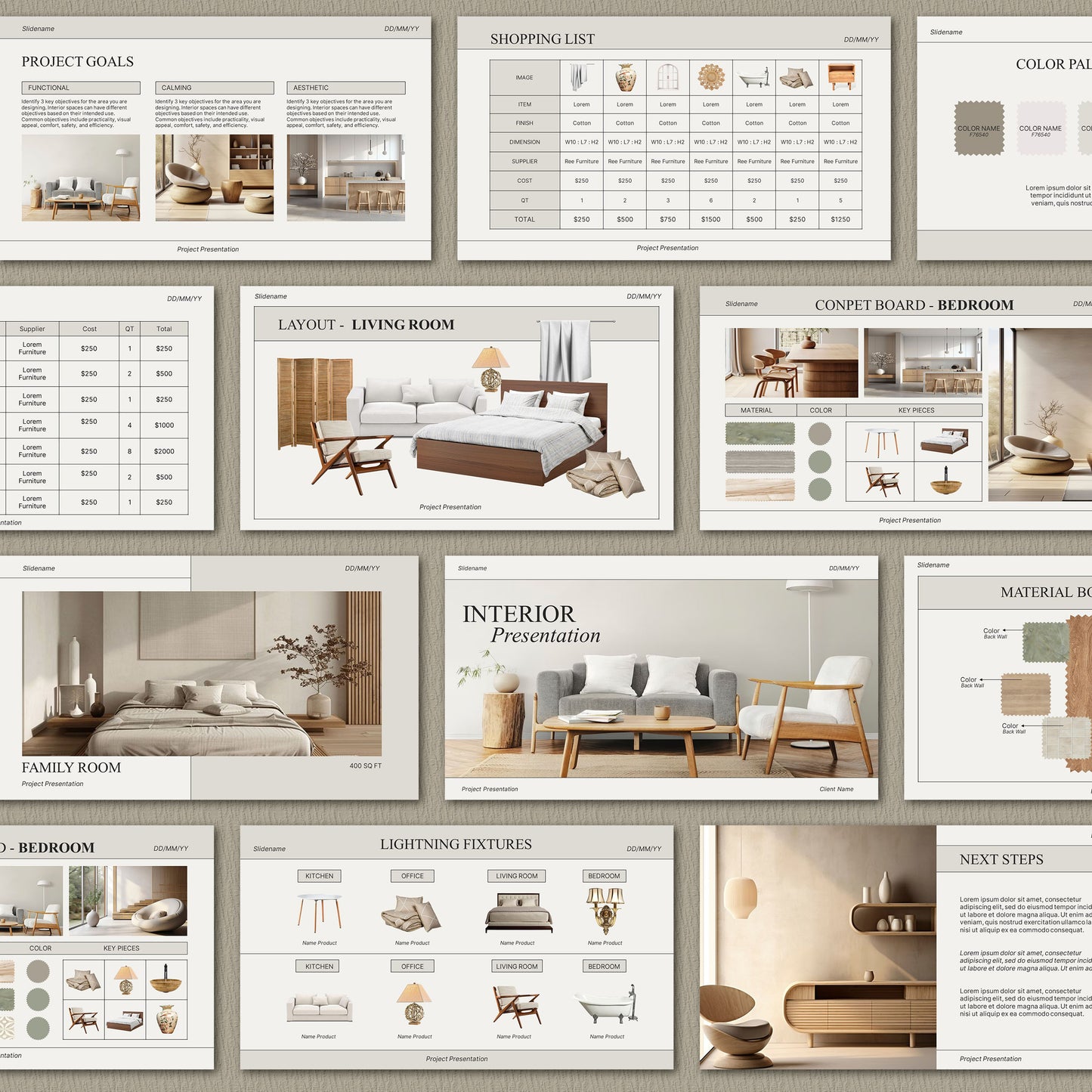 Minimal Editable Interior Design Presentation Template for Canva & PowerPoint - Client Project with Moodboard and Schedule