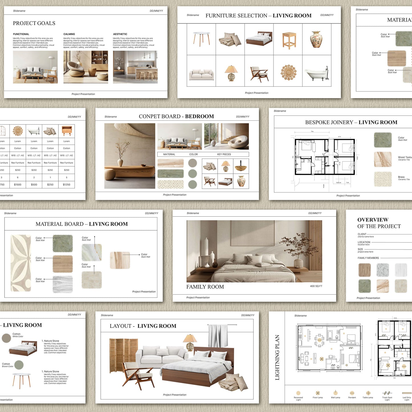 White Interior Design Presentation Template for Client Projects – Includes Moodboard, Schedule, and FF&E – Editable in Canva & PowerPoint