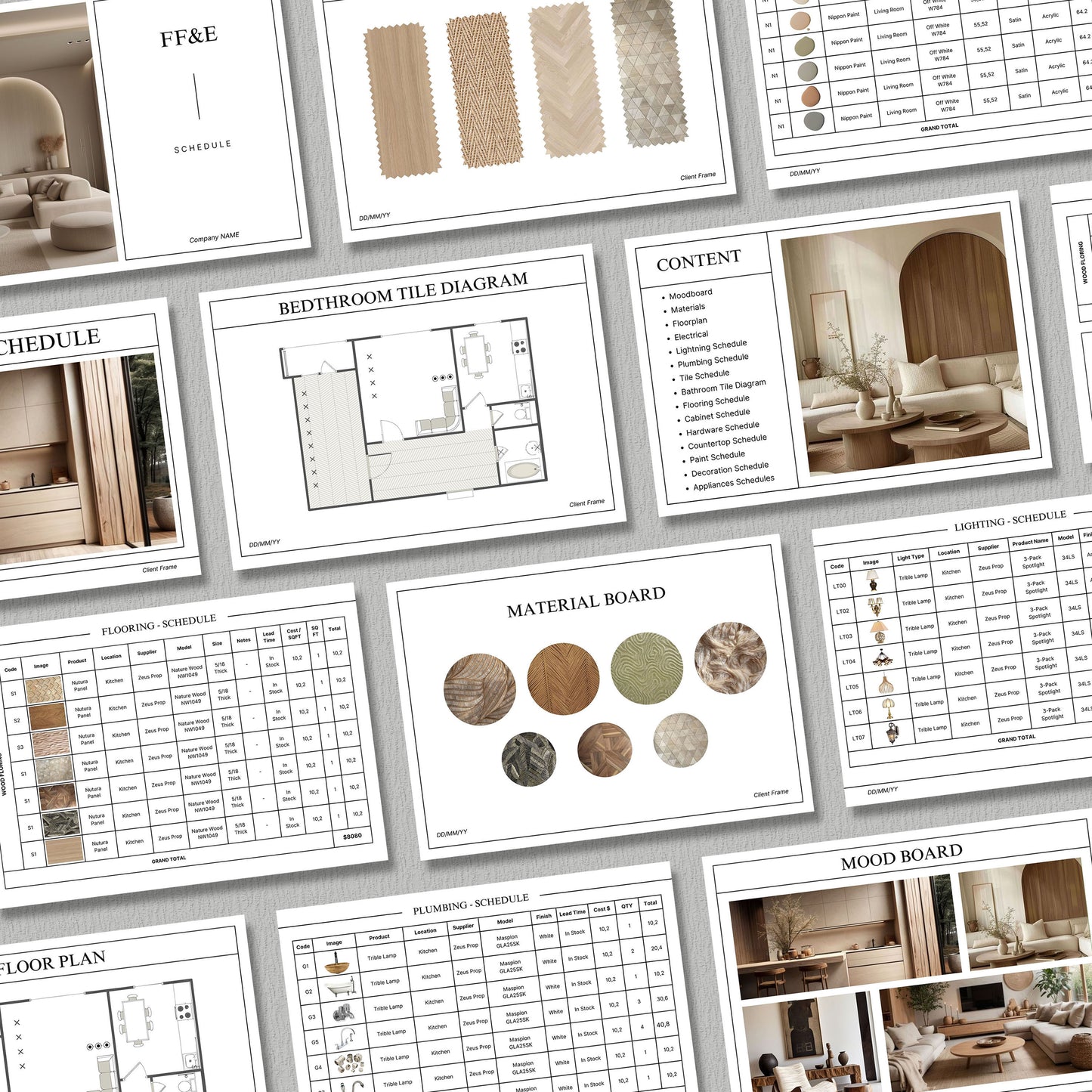 FF&E Schedule Project Template – Comprehensive Interior Design Planner for Furniture, Fixtures, and Finishes with Mood Board