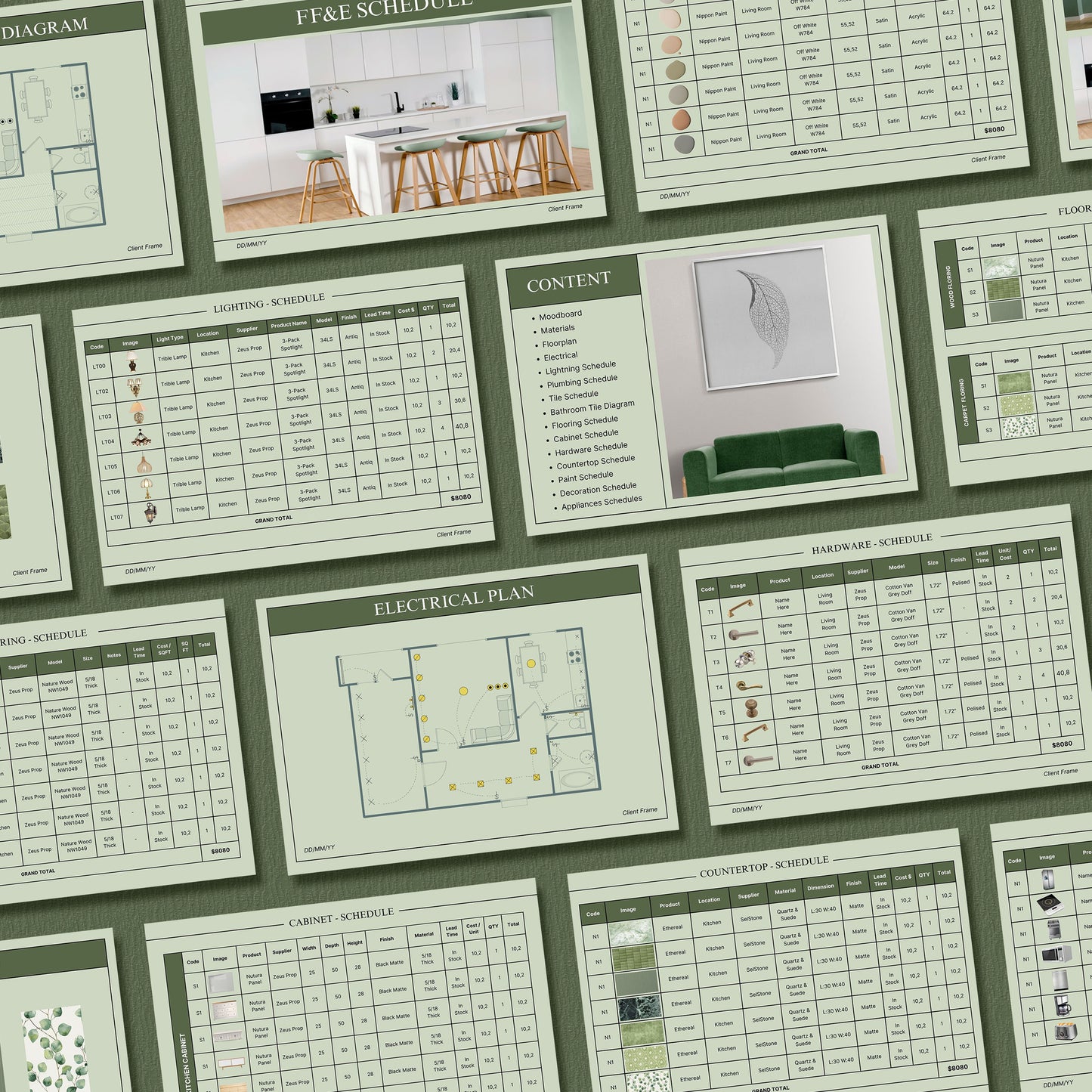 Interior Design FF&E Schedule Sage Template – Furniture, Fixtures, and Finishes Planner with Mood Board