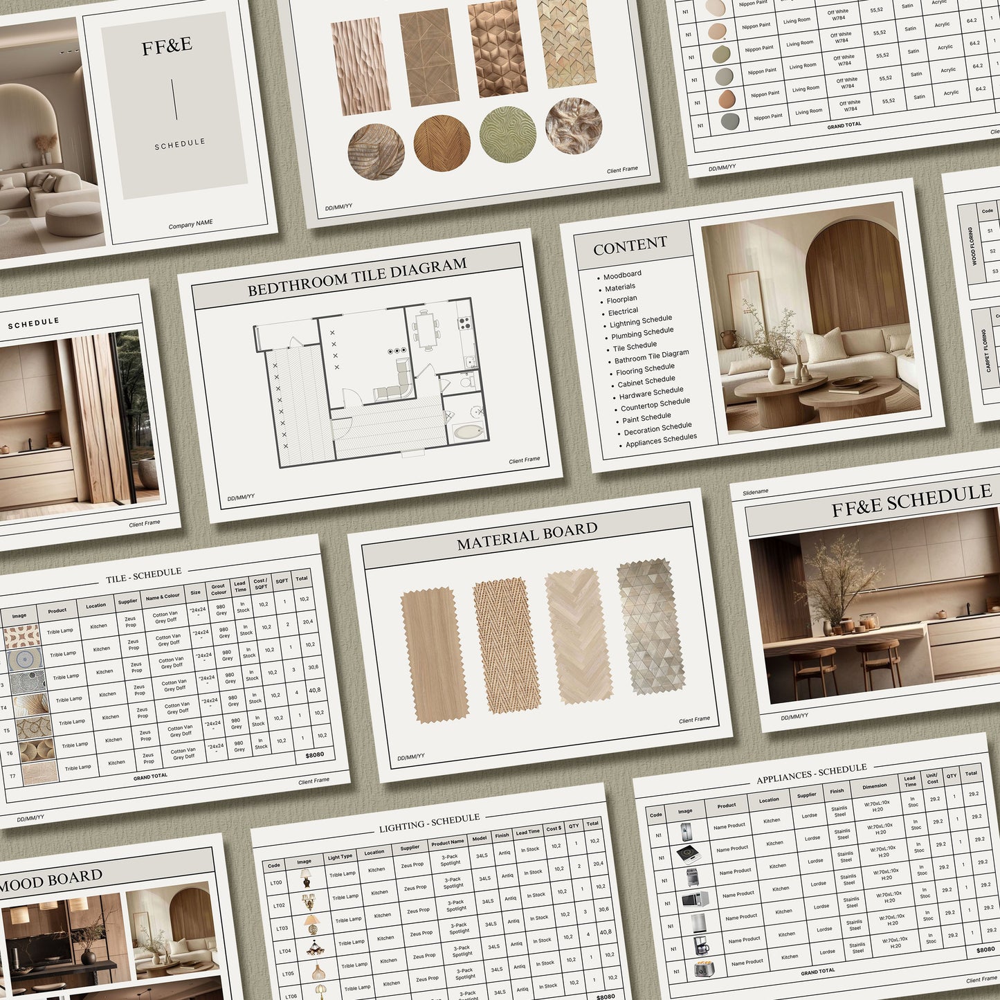 Minimal Interior Design FF&E Schedule Template – Comprehensive Furniture, Fixtures, and Finishes Planner with Mood Board