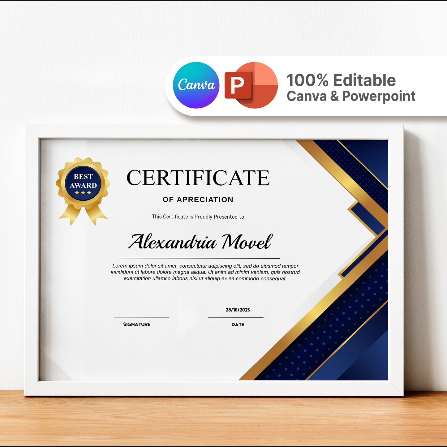 Luxury Blue and Gold Certificate Template - Editable Modern Canva Design for Achievement, Award, Completion & Training