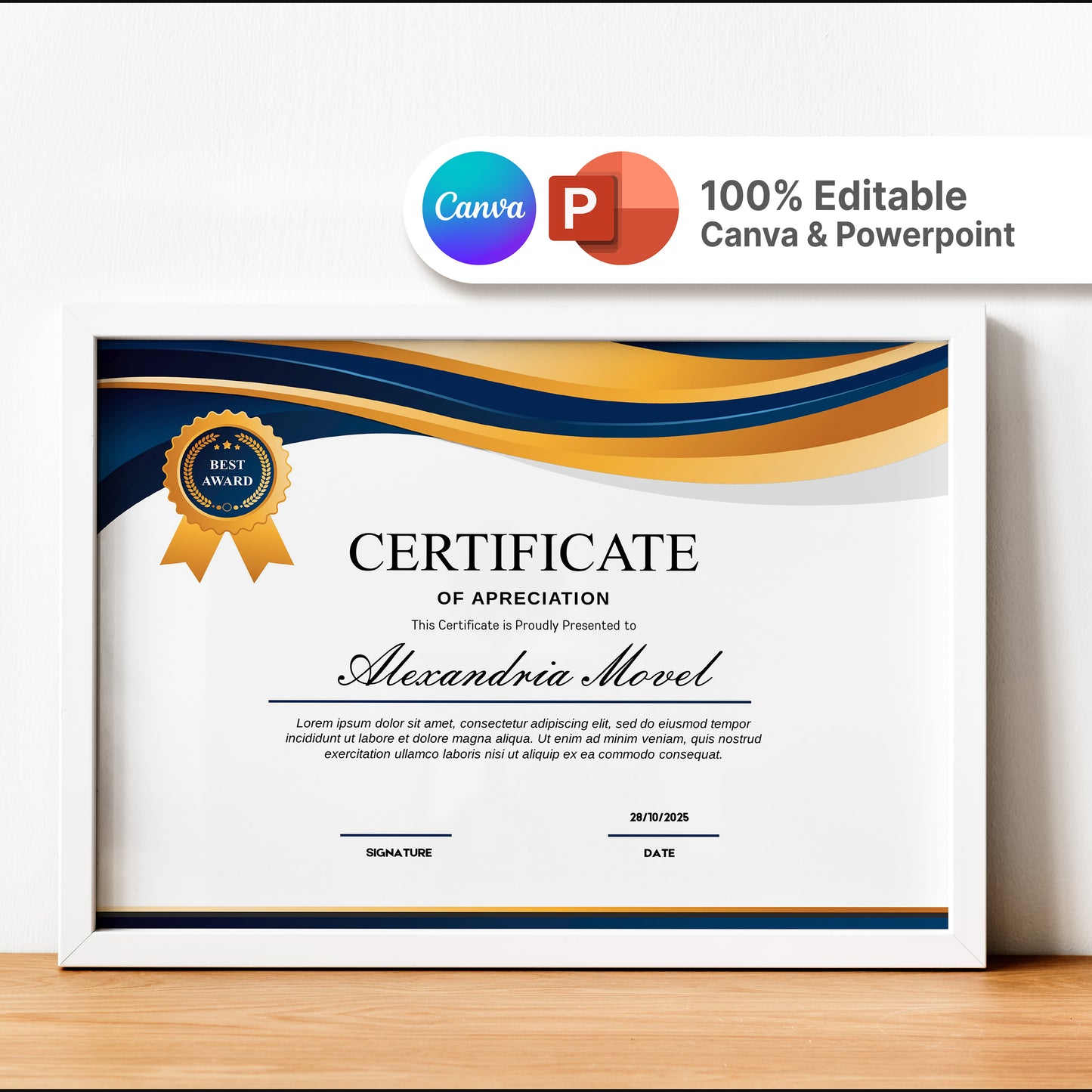Luxury Blue and Gold Certificate Template - Editable Modern Canva Design for Achievement, Award, Completion & Training