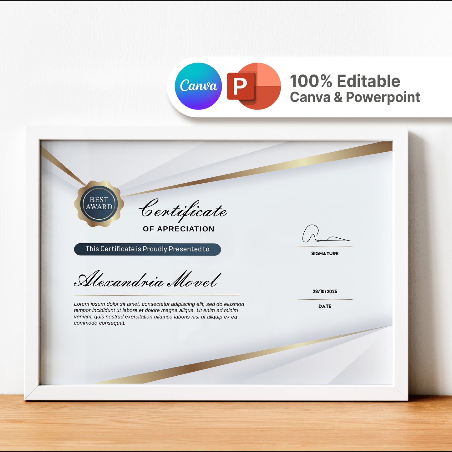 Luxury Clean Gold Certificate Template – Editable Modern Canva Design for Achievement, Award, Completion & Training