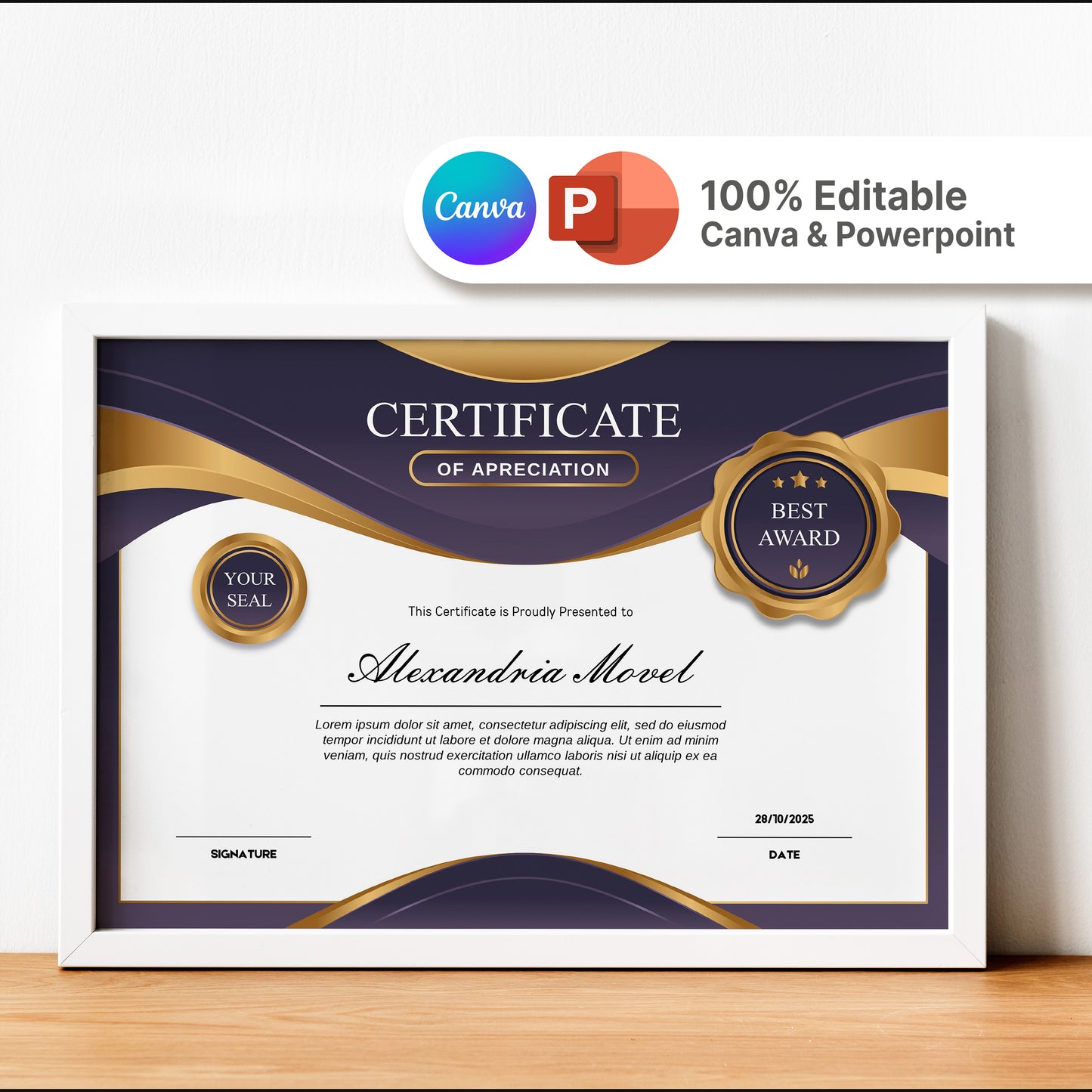 Luxury Purple and Gold Certificate Template – Editable Modern Canva Design for Achievement, Award, Completion & Training